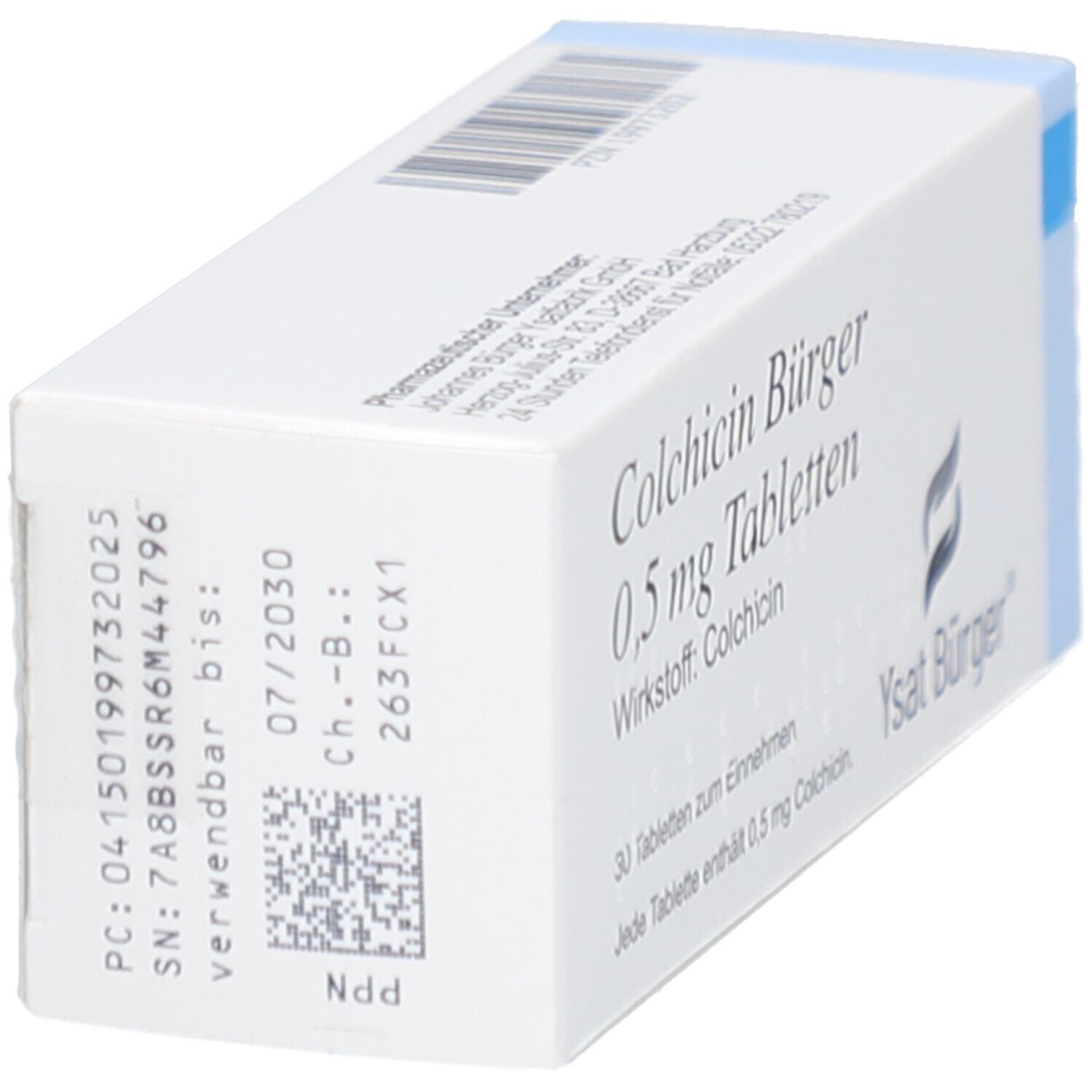 Schachtel COLCHICIN Bürger 0,5 mg Tabletten. Aufschrift: 30 Tabletten, Wirkstoff: Colchicin. Ysat Bürger Logo. Rückseite mit Code.
