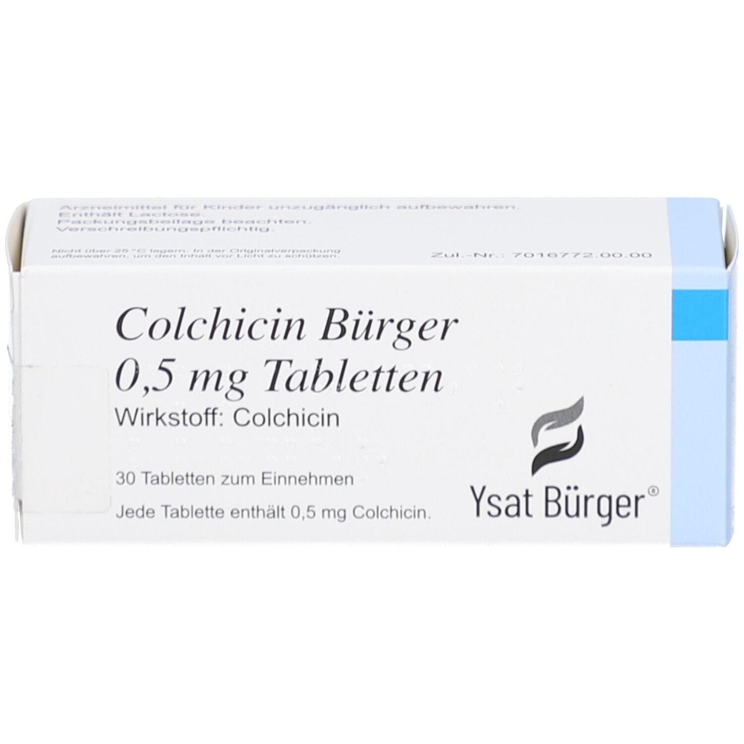 Schachtel mit COLCHICIN Bürger 0,5 mg Tabletten. Aufschrift: 30 Tabletten, Wirkstoff: Colchicin. Ysat Bürger Logo.