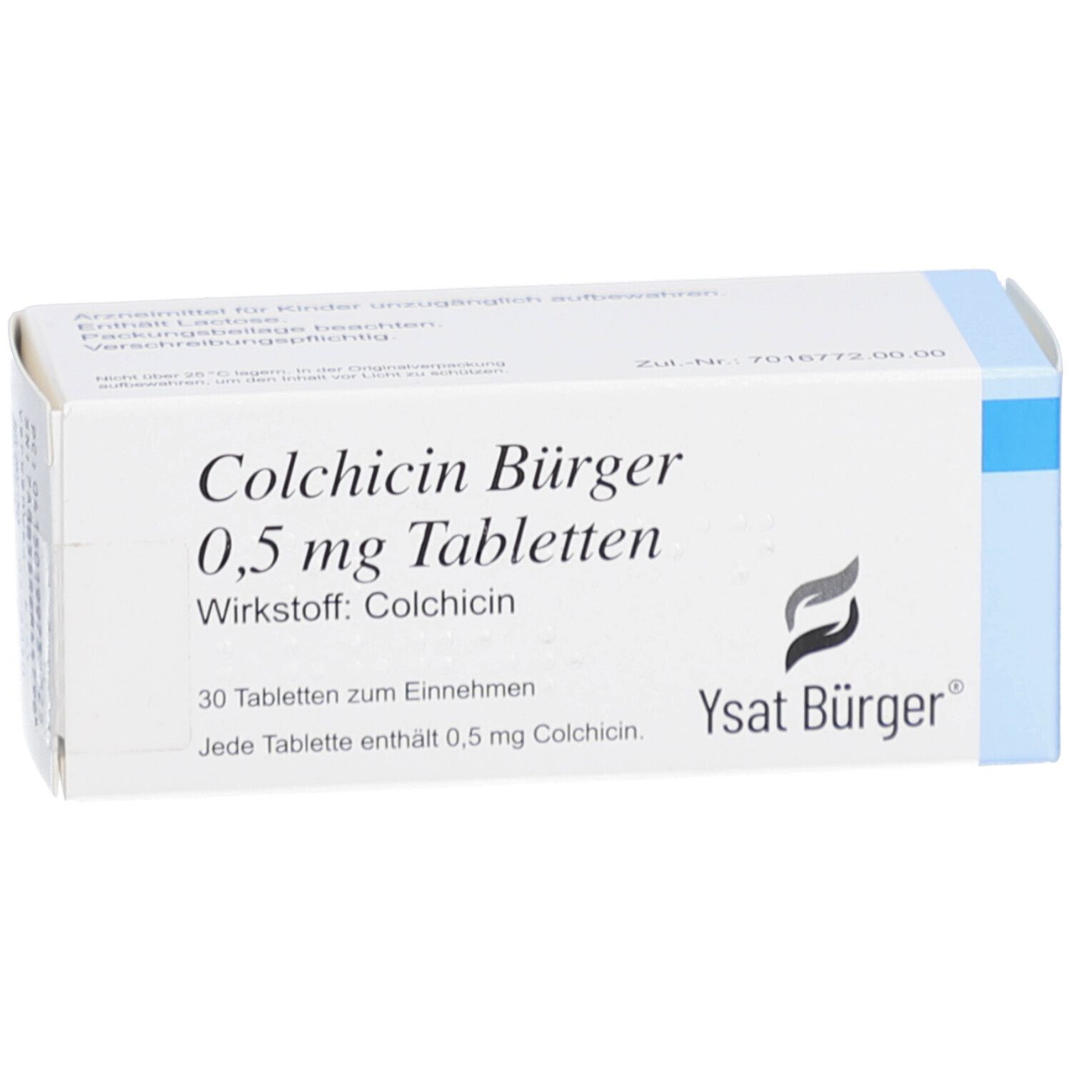 Schachtel mit COLCHICIN Bürger 0,5 mg Tabletten. Aufschrift: 30 Tabletten, Wirkstoff: Colchicin. Ysat Bürger Logo.