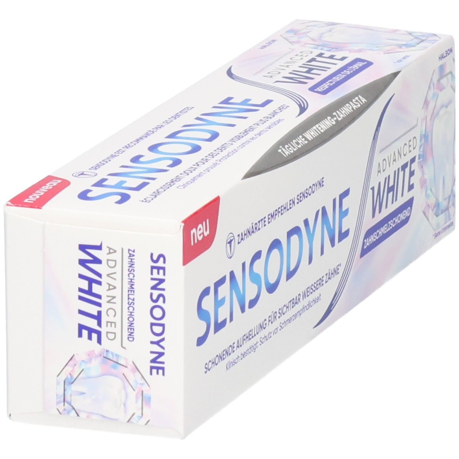 Sensodyne Advanced White Zahnpasta-Verpackung, schräg von vorne gezeigt.