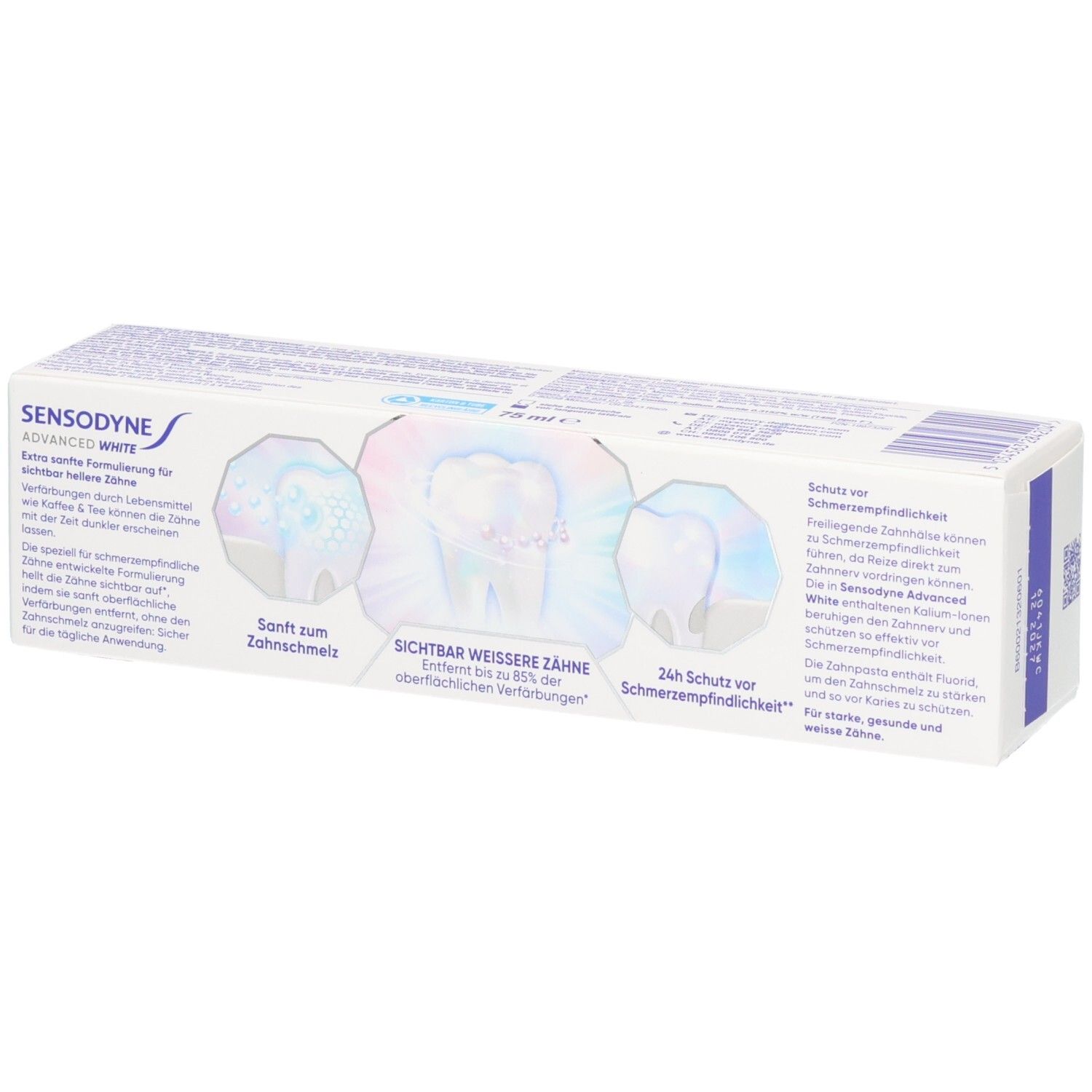 Rückseite der Sensodyne Advanced White Zahnpasta-Verpackung mit Informationen zur Aufhellung und zum Schutz.