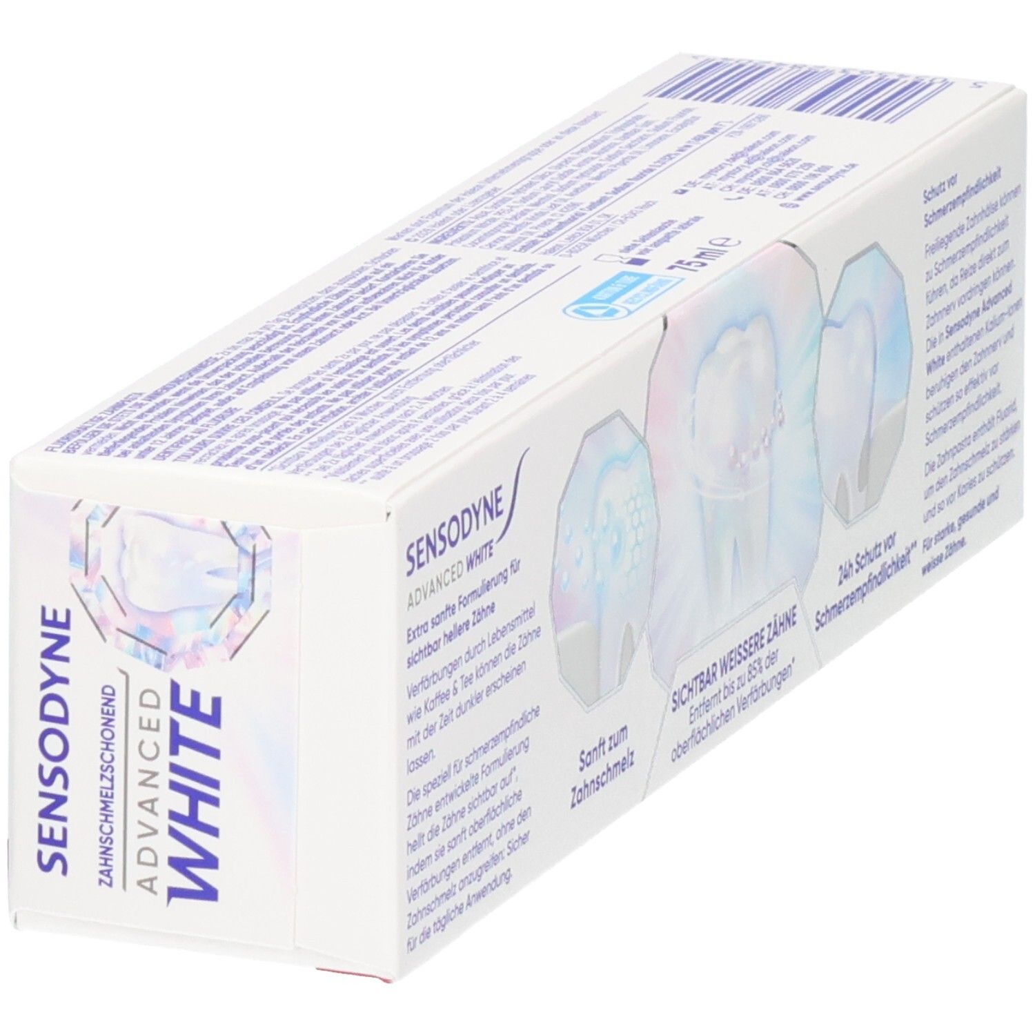 Sensodyne Advanced White Zahnpasta-Verpackung, schräg von der Seite gezeigt.