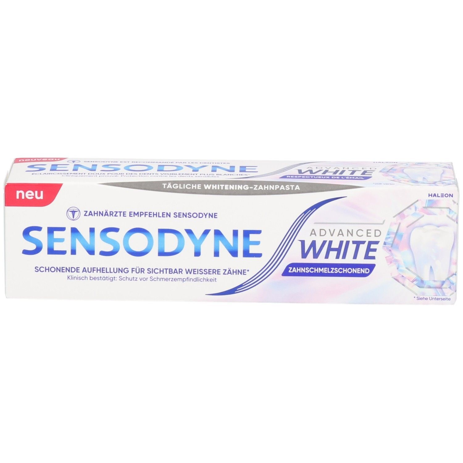 Sensodyne Advanced White Zahnpasta-Verpackung mit Aufhellungseffekt für sichtbar weißere Zähne.