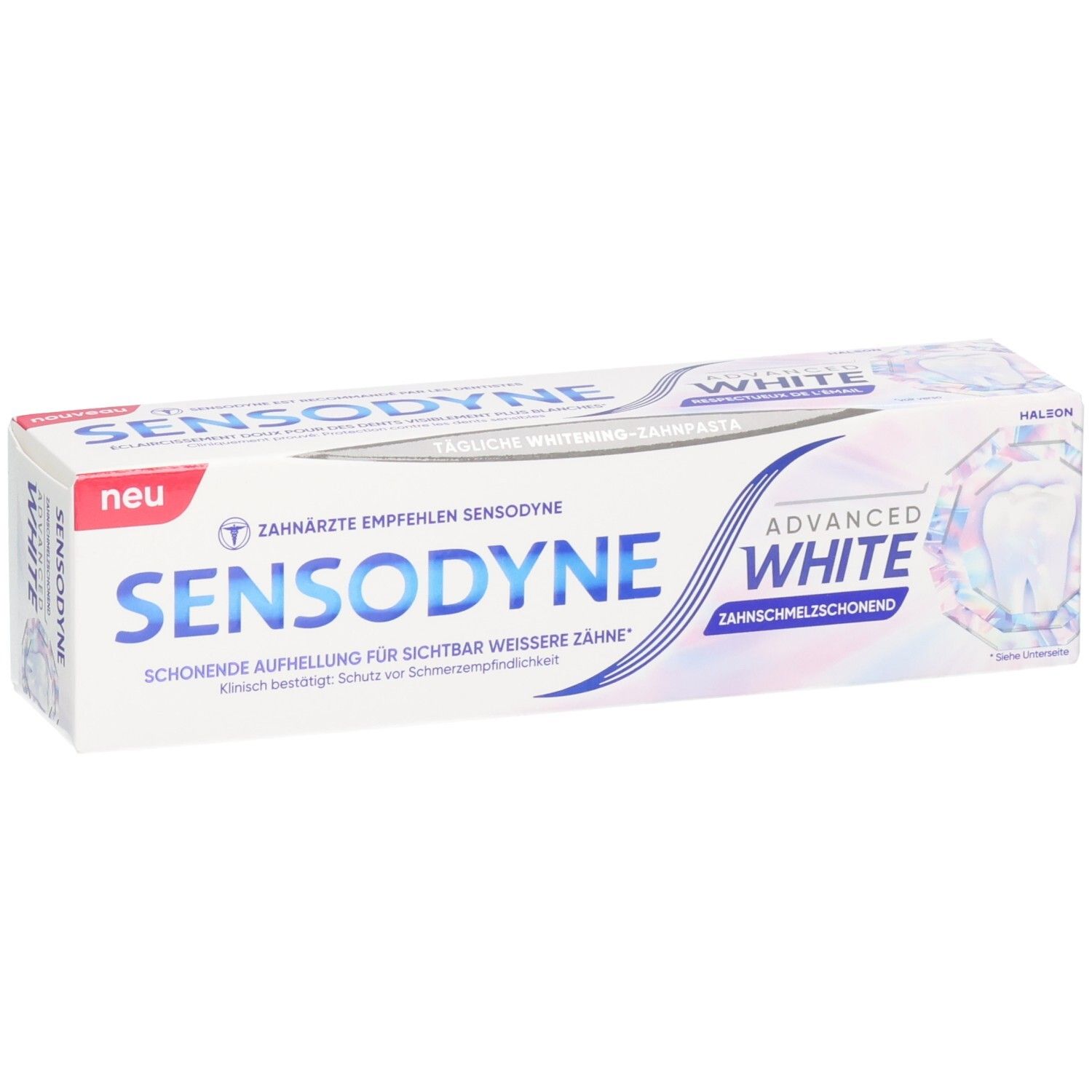 Sensodyne Advanced White Zahnpasta-Verpackung, schräg von vorne gezeigt.
