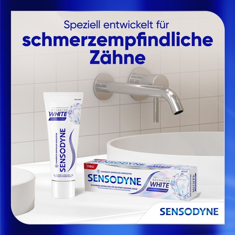 Sensodyne Zahnpasta für schmerzempfindliche Zähne, Tube und Kartonverpackung.
