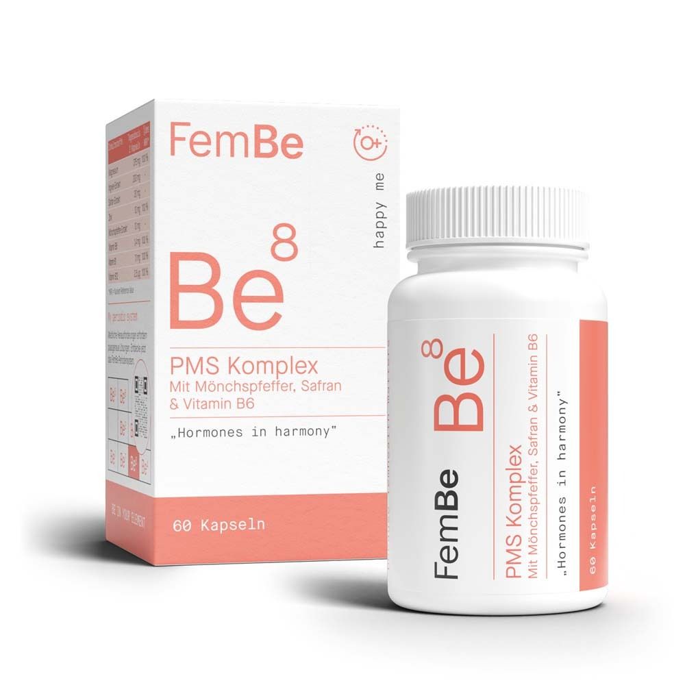 Weiße Flasche und Schachtel mit FemBe Be8 PMS Komplex. Enthält 60 Kapseln. Aufschrift: Hormone in harmony.