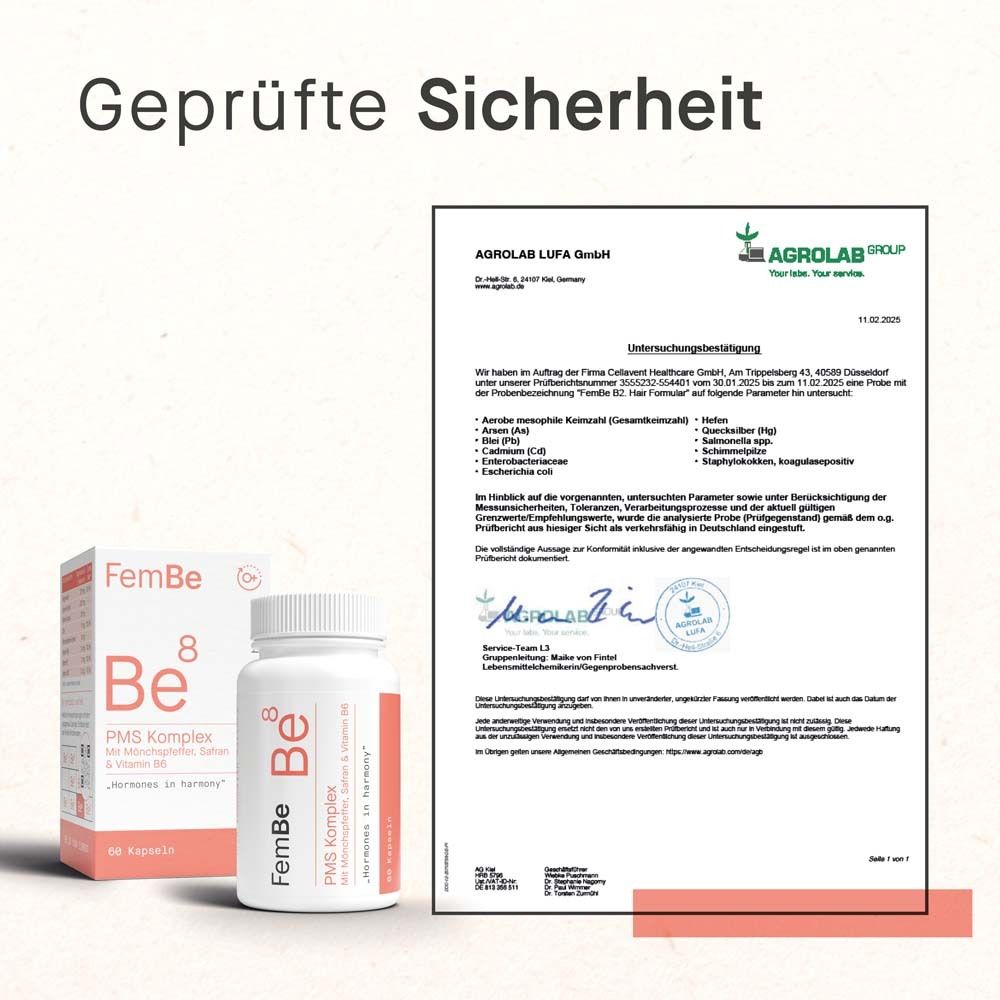 Zertifizierungsdokument von Agrolab. Produktabbildung von FemBe Be8 PMS Komplex.