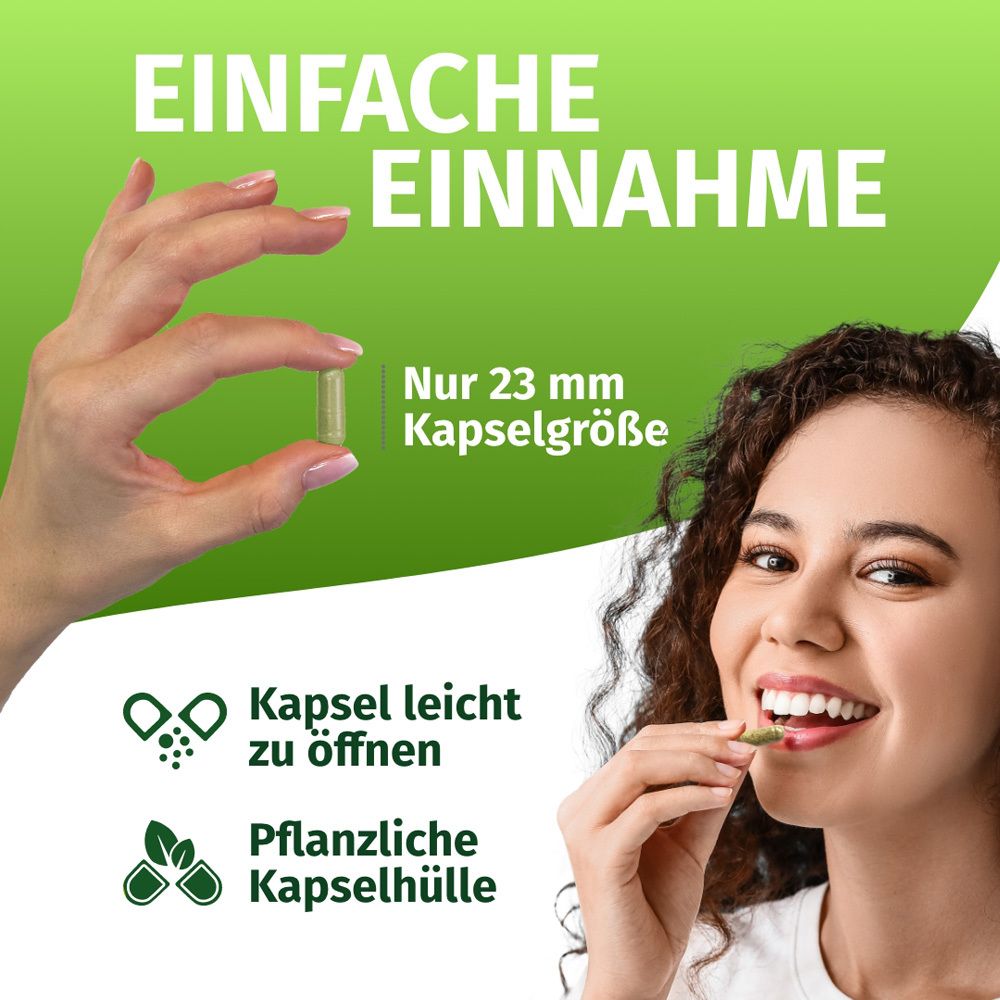 Frau hält Kapsel. Text: Einfache Einnahme. Kapsel leicht zu öffnen. Pflanzliche Kapselhülle. Kapselgröße: 23 mm.