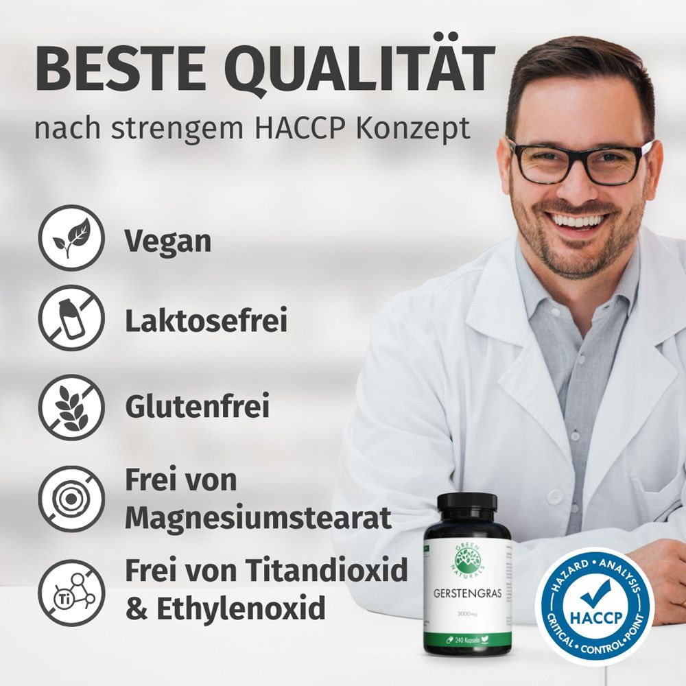 Mann mit Produktflasche. Text: Beste Qualität nach HACCP. Vegan, laktosefrei, glutenfrei, frei von Magnesiumstearat, Titandioxid.