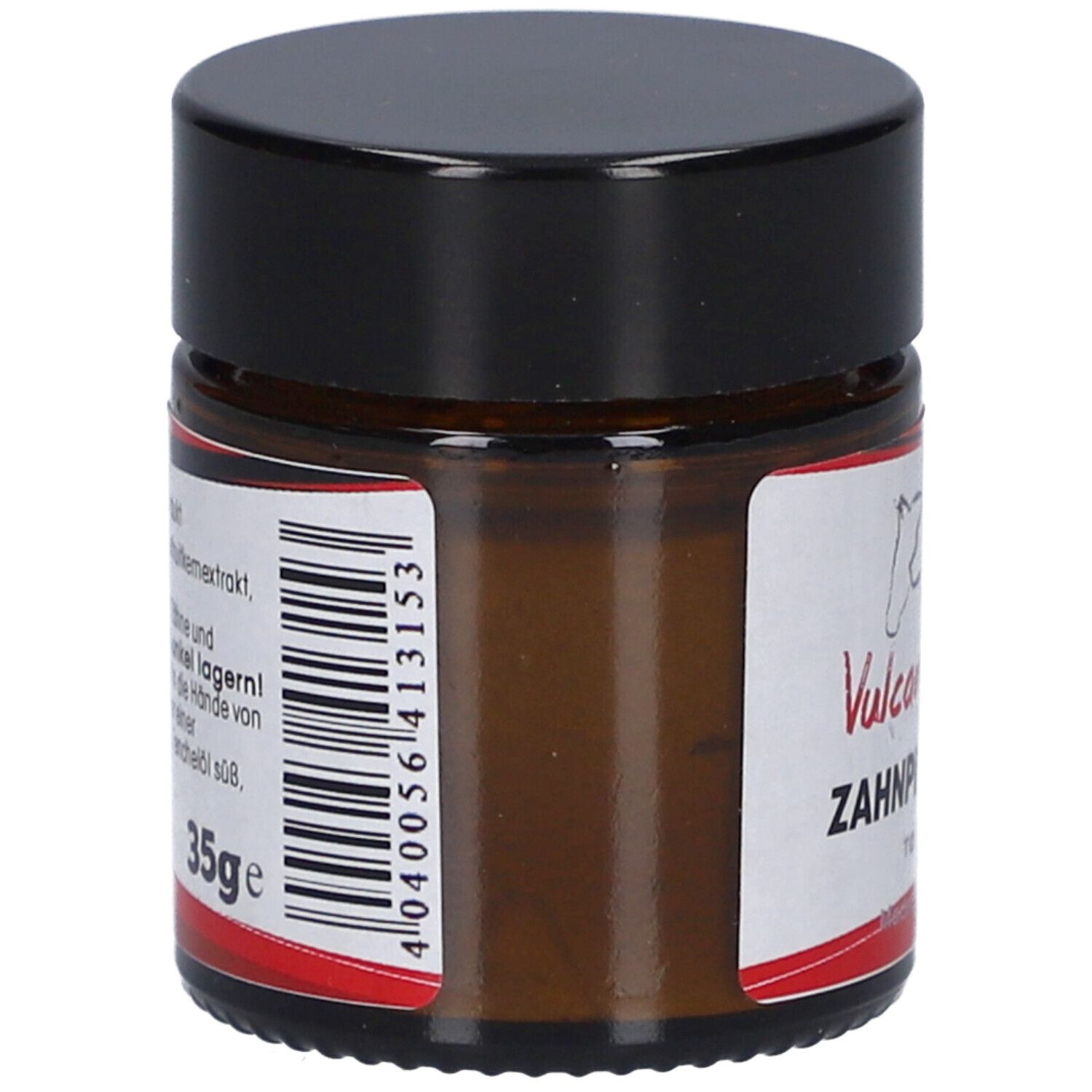 Braune Glasdose mit schwarzem Deckel. Aufkleber mit Produktinformationen und Barcode. Aufschrift: 35g.