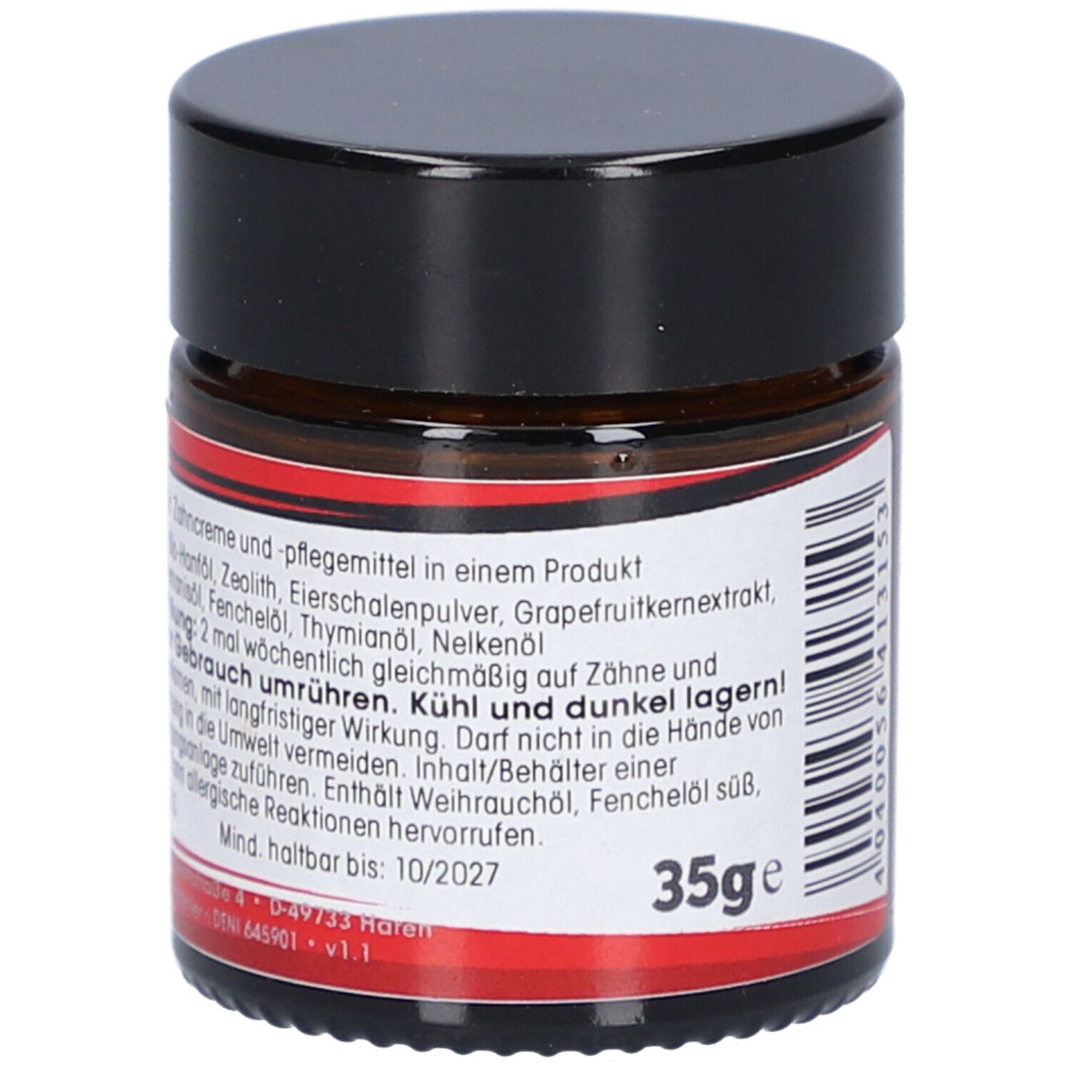 Braune Glasdose mit schwarzem Deckel. Aufkleber mit Produktinformationen und Aufschrift: 35g. Mind. haltbar bis: 10/2027.