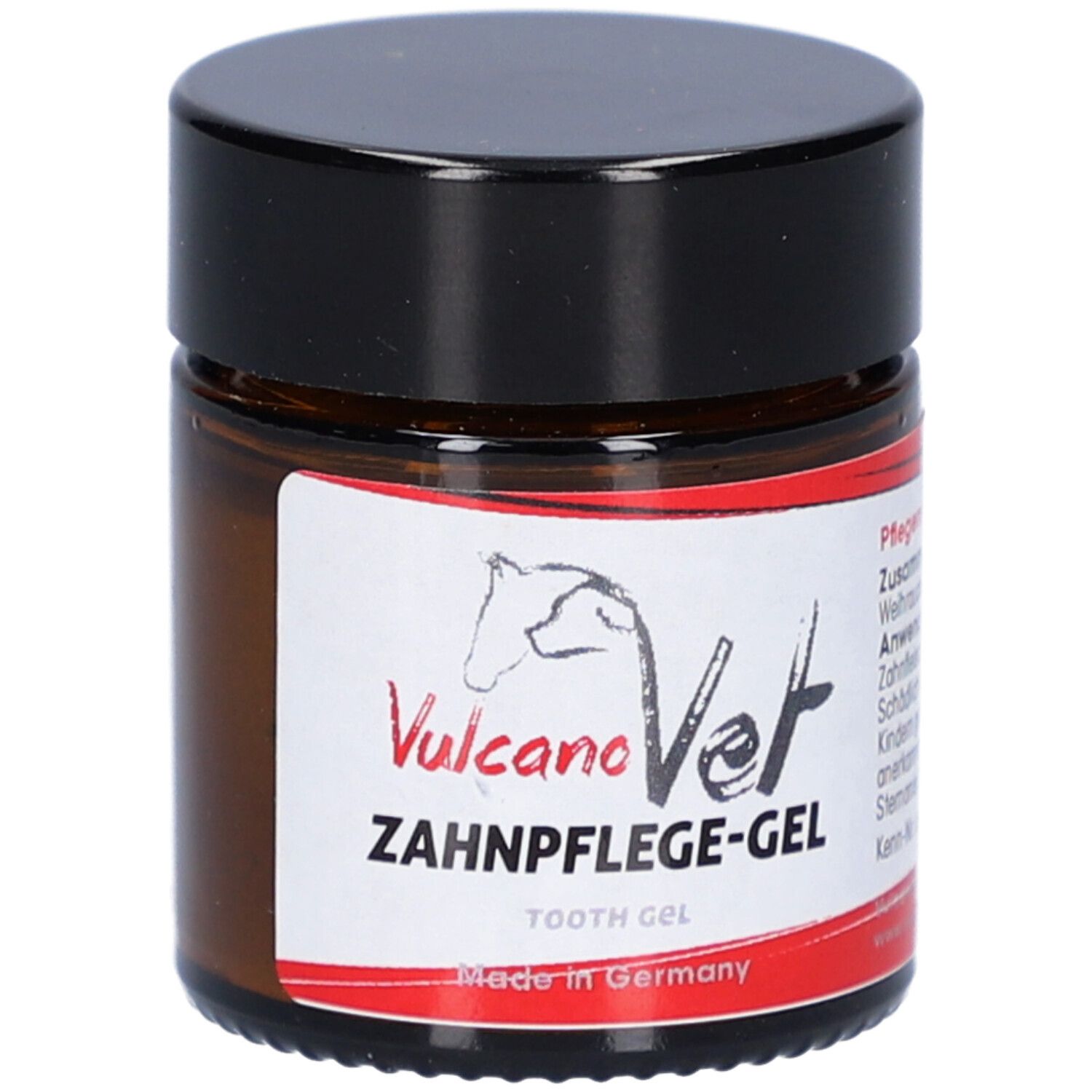 Braune Glasdose mit schwarzem Deckel. Aufkleber mit Produktname und Logo: VulcanoVet Zahnpflege-Gel. Made in Germany.