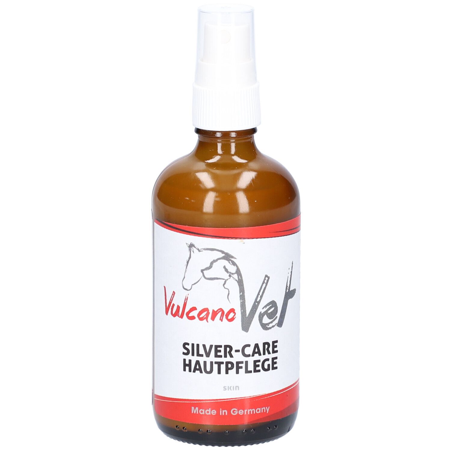 Braune Glasflasche mit weißem Sprühkopf. Aufkleber mit Logo und Schriftzug SILVER-CARE HAUTPFLEGE. Made in Germany.