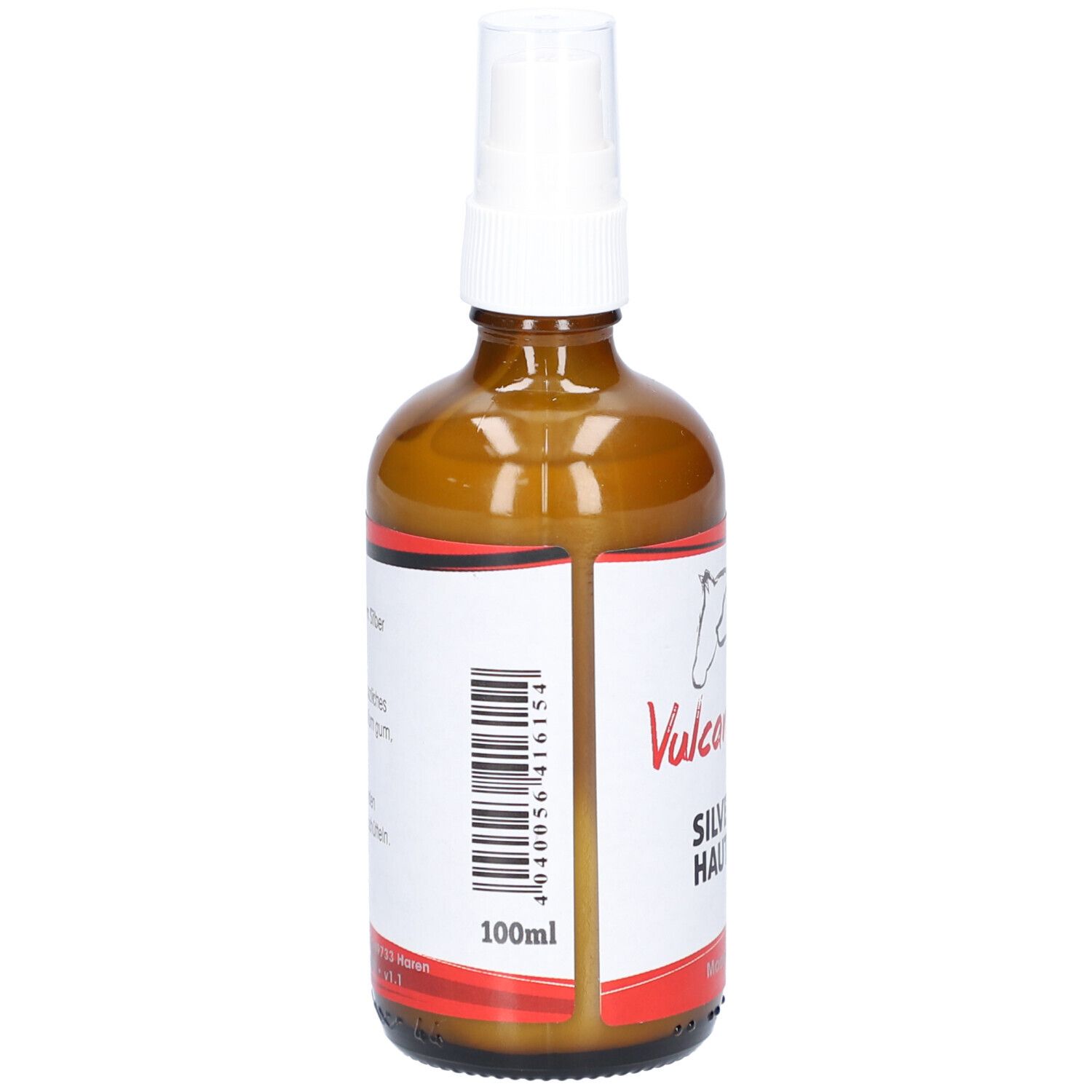 Braune Glasflasche mit weißem Sprühkopf. Etikett mit Logo, Text und Barcode. Volumen: 100ml. Made in Germany.