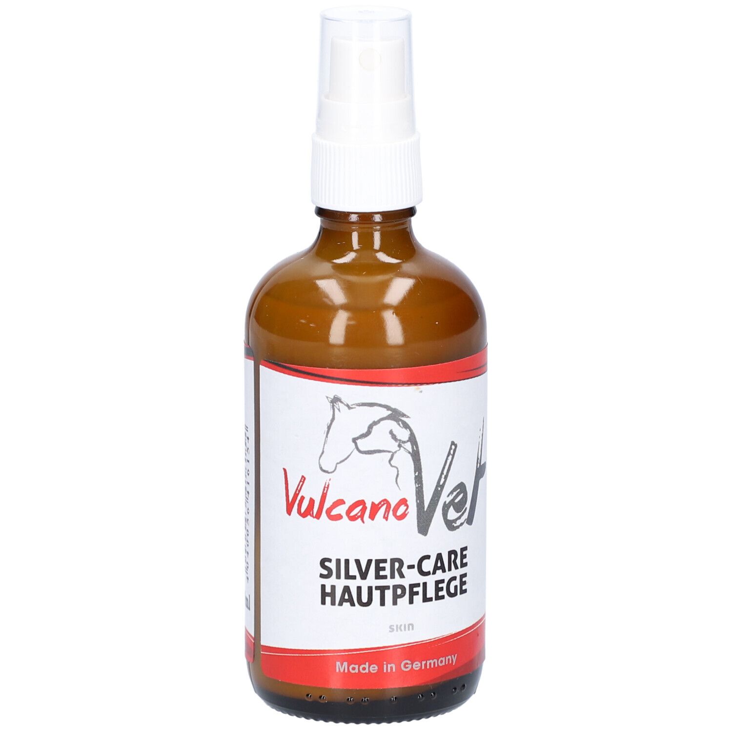 Braune Glasflasche mit weißem Sprühkopf. Etikett mit Logo und Schriftzug SILVER-CARE HAUTPFLEGE. Made in Germany.