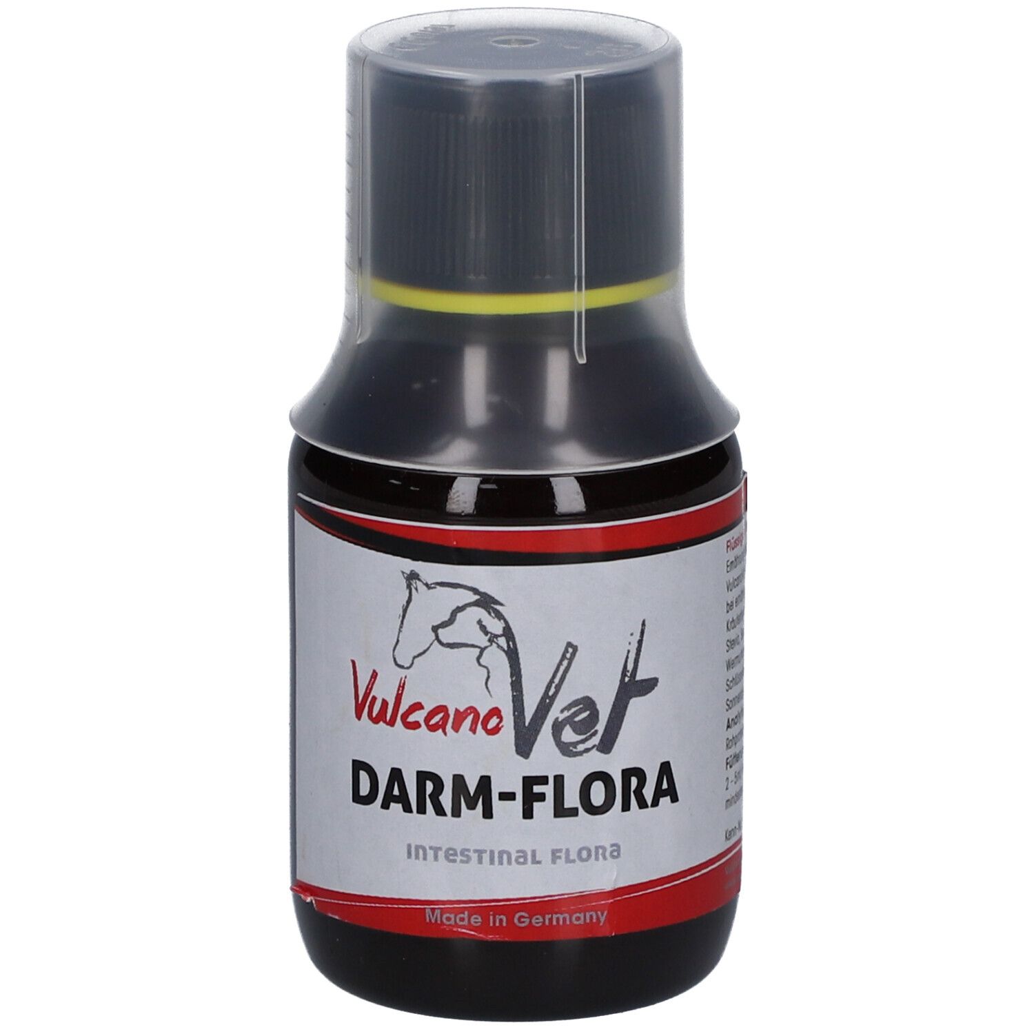 Braune Flüssigkeit in einer Flasche mit schwarzem Deckel und Dosierkappe. Auf dem Etikett steht "DARM-FLORA".