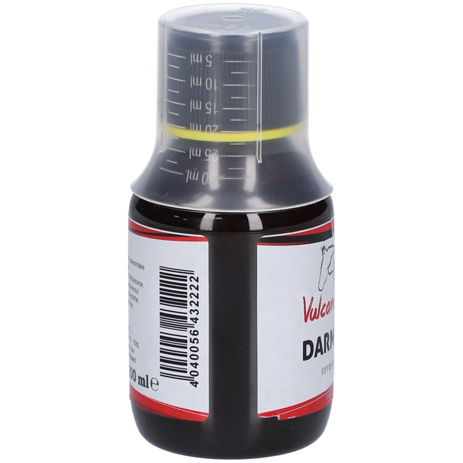 Flasche mit brauner Flüssigkeit, schwarzem Deckel und Dosierkappe. Auf der Kappe sind Messlinien. Barcode auf dem Etikett.
