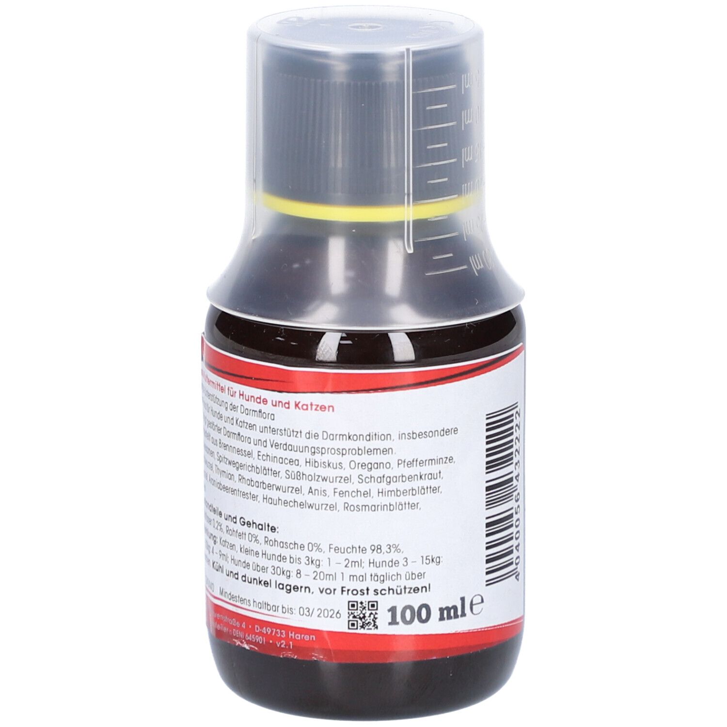 Flasche mit brauner Flüssigkeit, schwarzem Deckel und Dosierkappe. Etikett mit Text. Aufschrift: 100 ml.