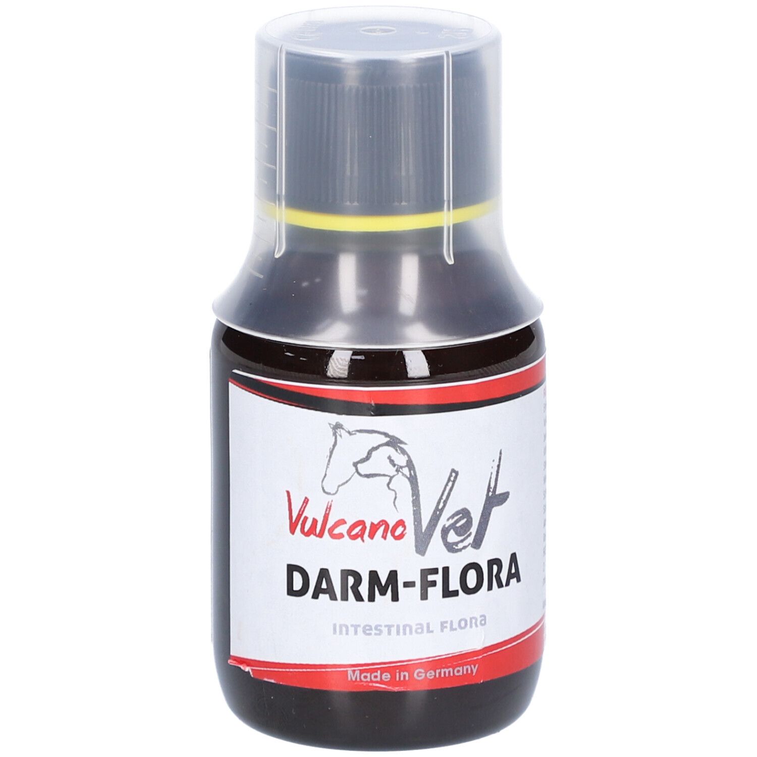 Braune Flüssigkeit in einer Flasche mit schwarzem Deckel und Dosierkappe. Auf dem Etikett steht "DARM-FLORA".
