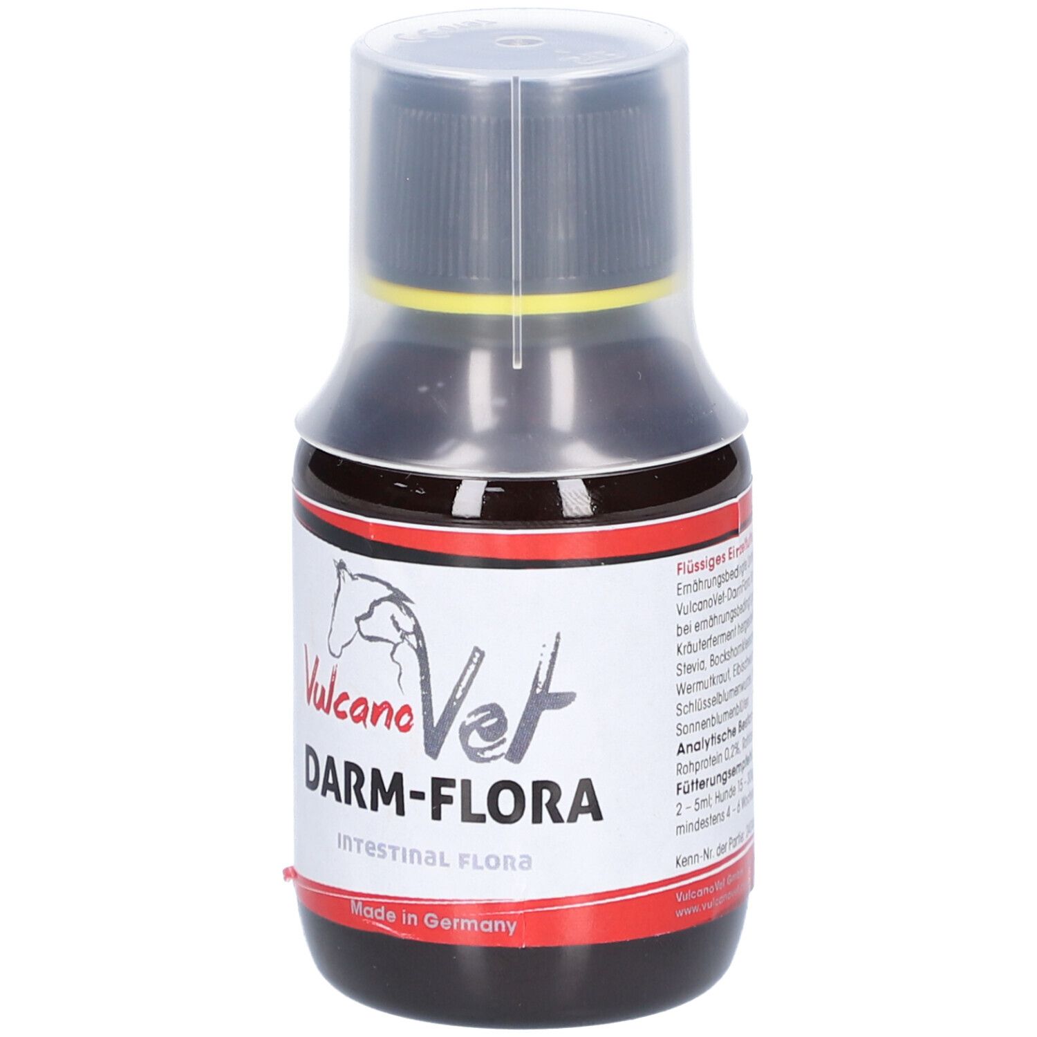 Braune Flüssigkeit in einer Flasche mit schwarzem Deckel und Dosierkappe. Auf dem Etikett steht "DARM-FLORA".