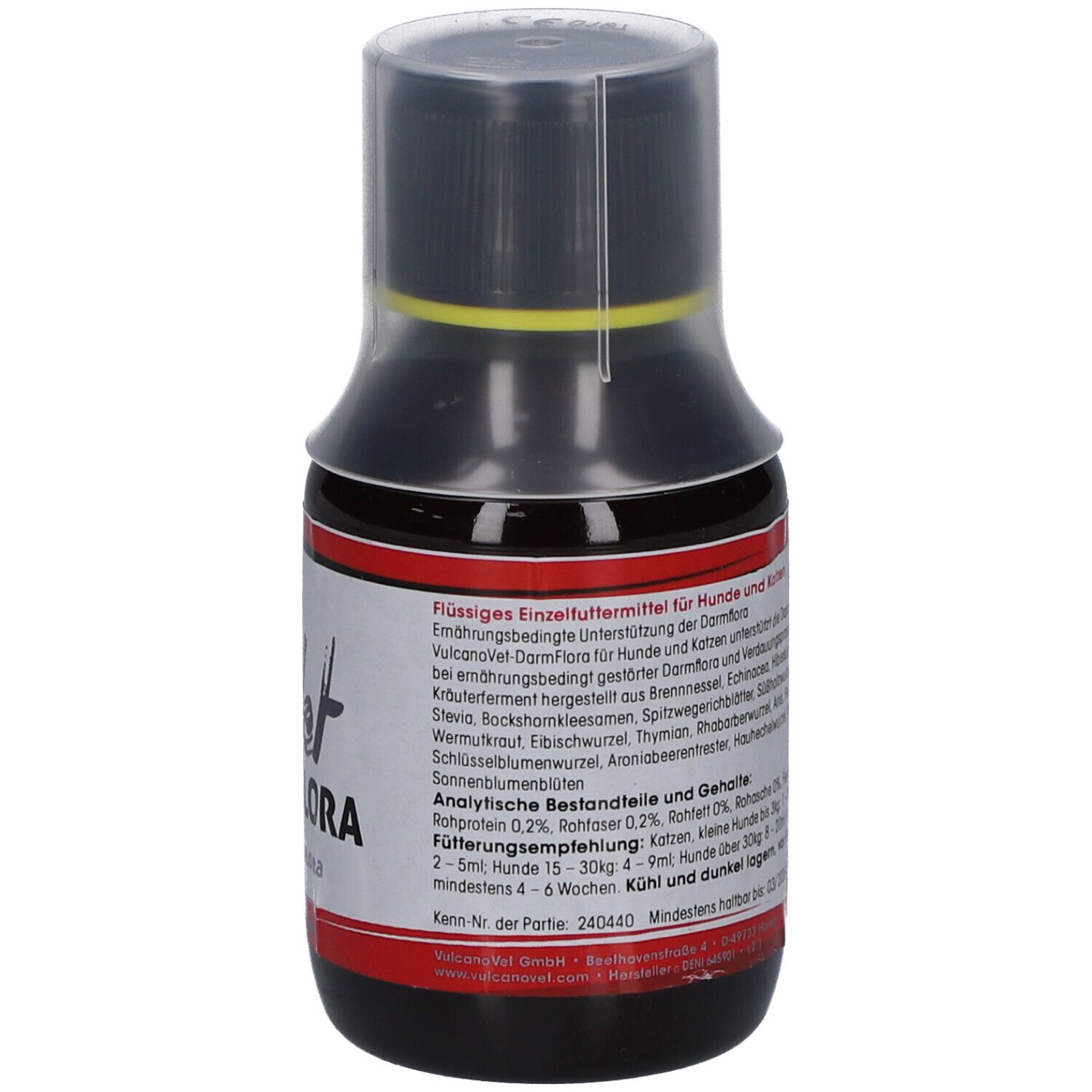 Flasche mit brauner Flüssigkeit, schwarzem Deckel und Dosierkappe. Etikett mit Text. Aufschrift: 100 ml.