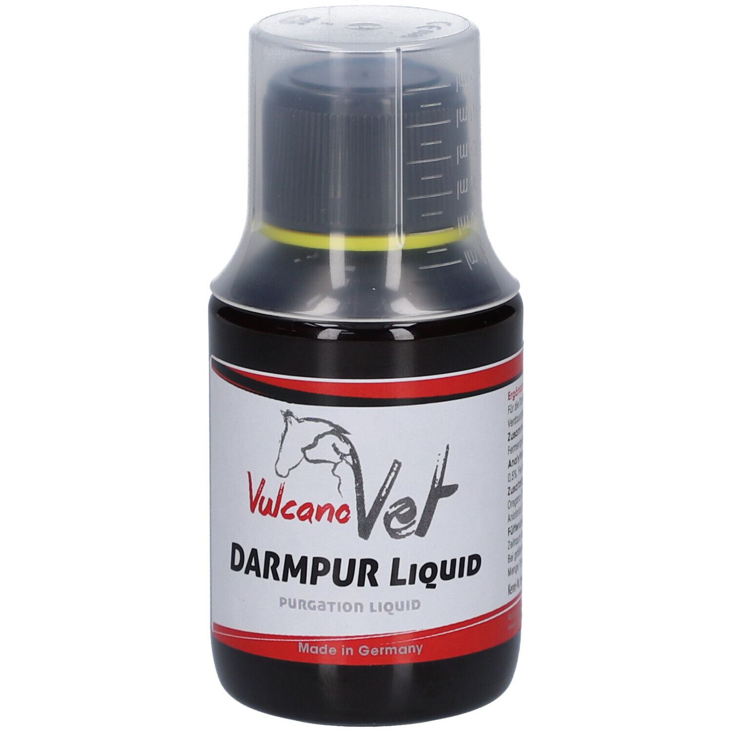 Braune Flüssigkeit in einer Flasche mit schwarzem Deckel. Etikett mit Logo und Schriftzug DarmPur Liquid.