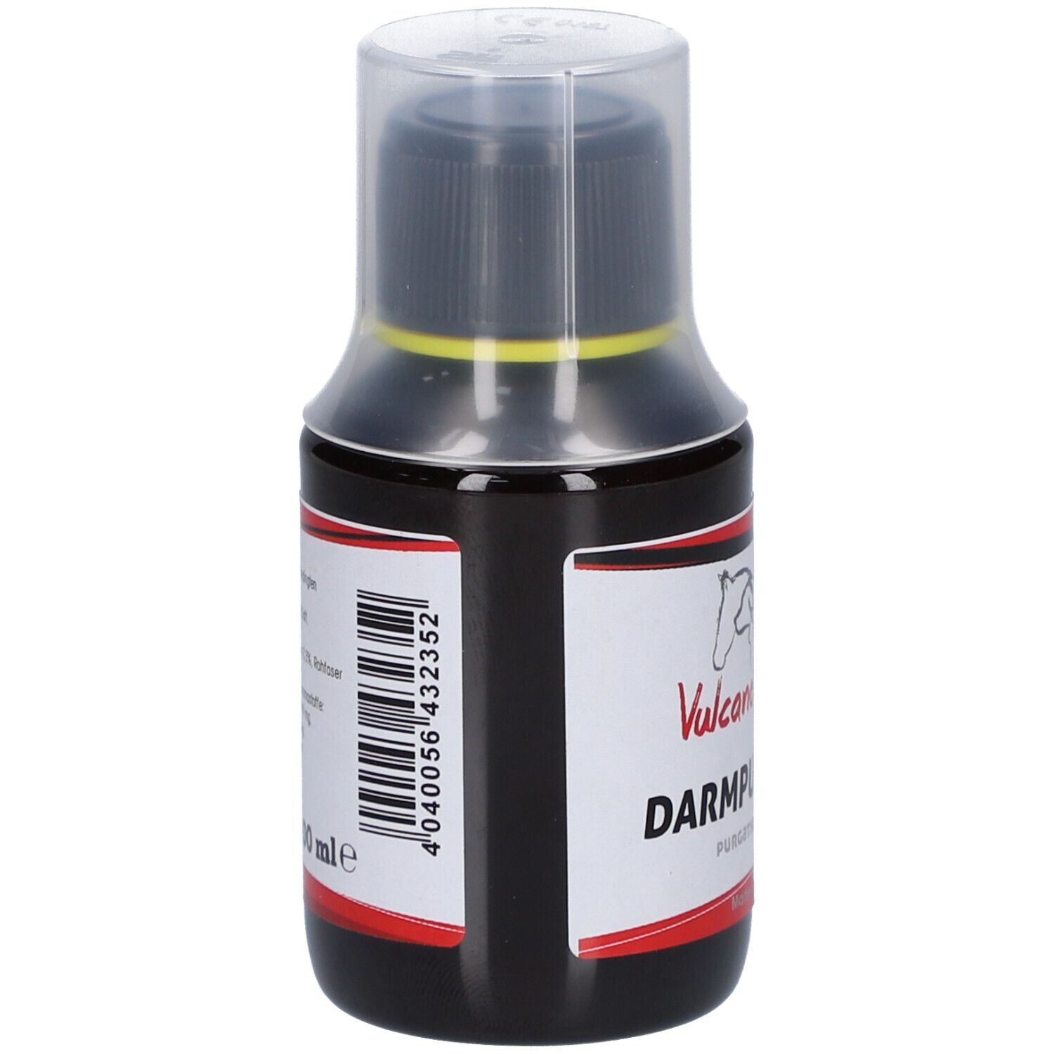 Braune Flüssigkeit in einer Flasche mit schwarzem Deckel. Etikett mit Barcode und Schriftzug DarmPur Liquid.