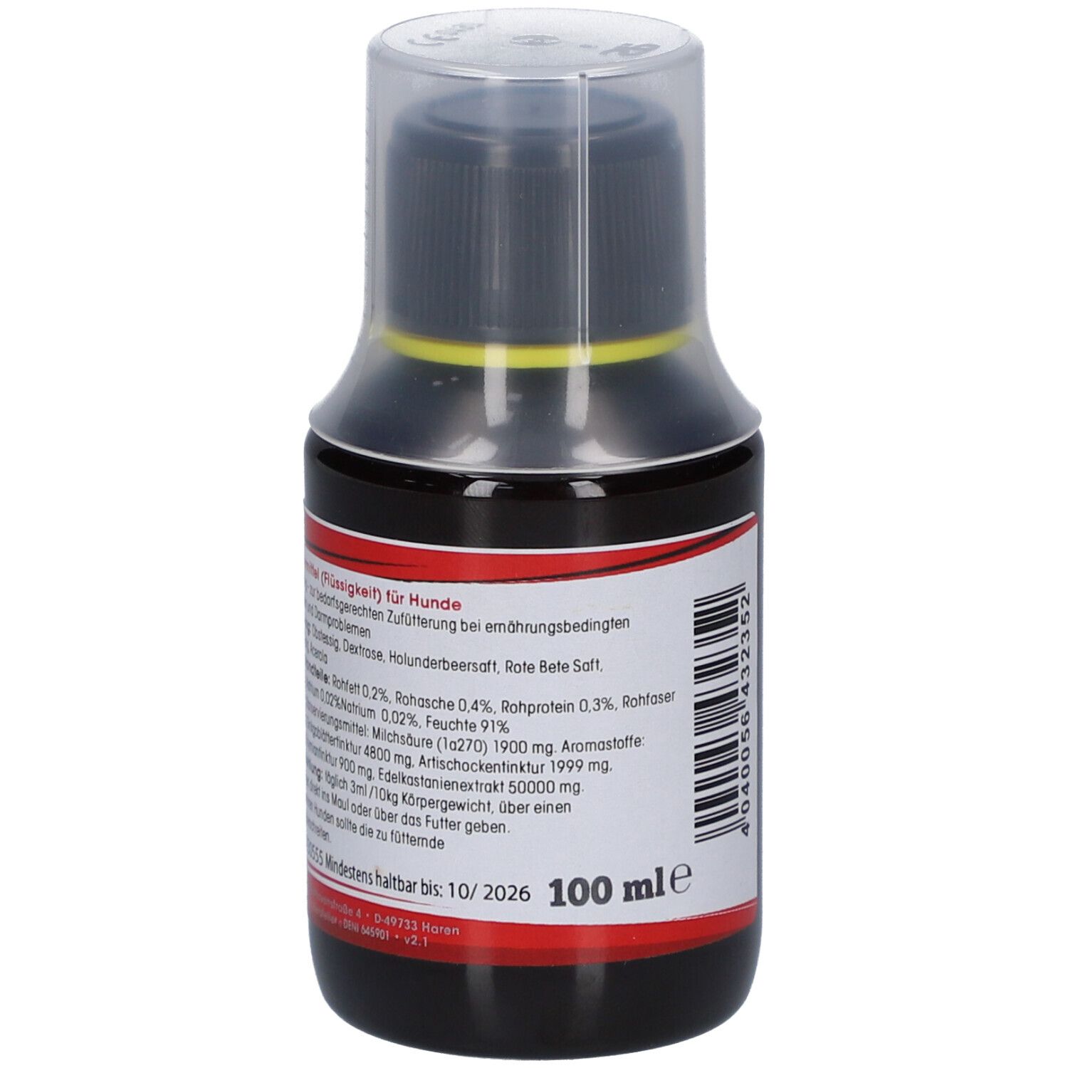 Braune Flüssigkeit in einer Flasche mit schwarzem Deckel. Etikett mit Inhaltsangaben und 100 ml.