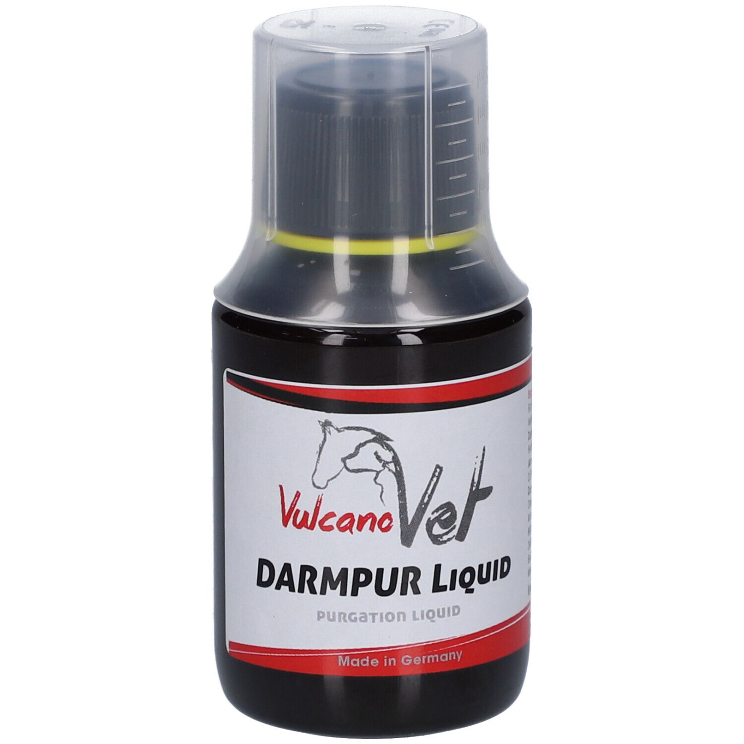 Braune Flüssigkeit in einer Flasche mit schwarzem Deckel. Etikett mit Logo und Schriftzug DarmPur Liquid.