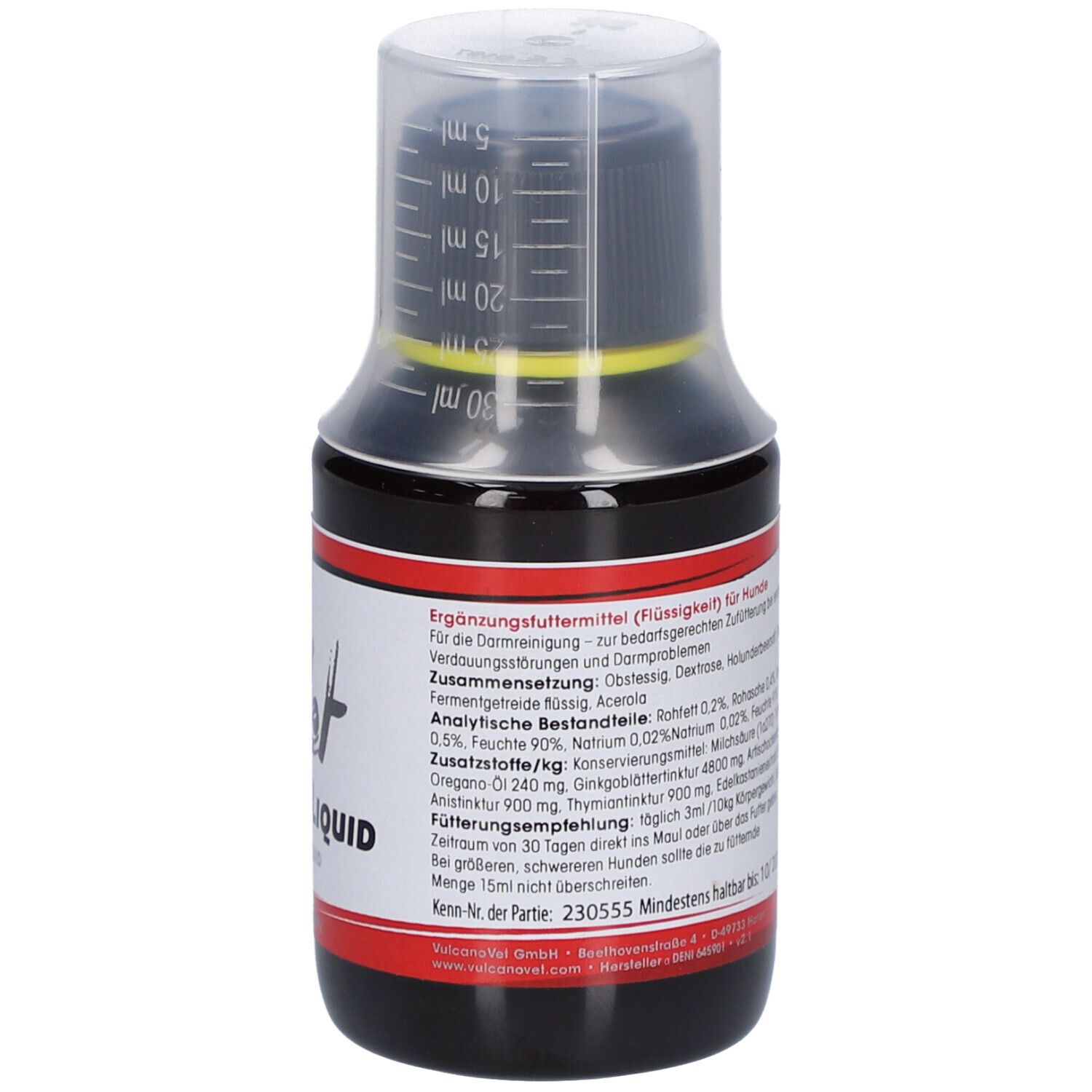 Braune Flüssigkeit in einer Flasche mit schwarzem Deckel und Messskala. Etikett mit Inhaltsangaben und Text.