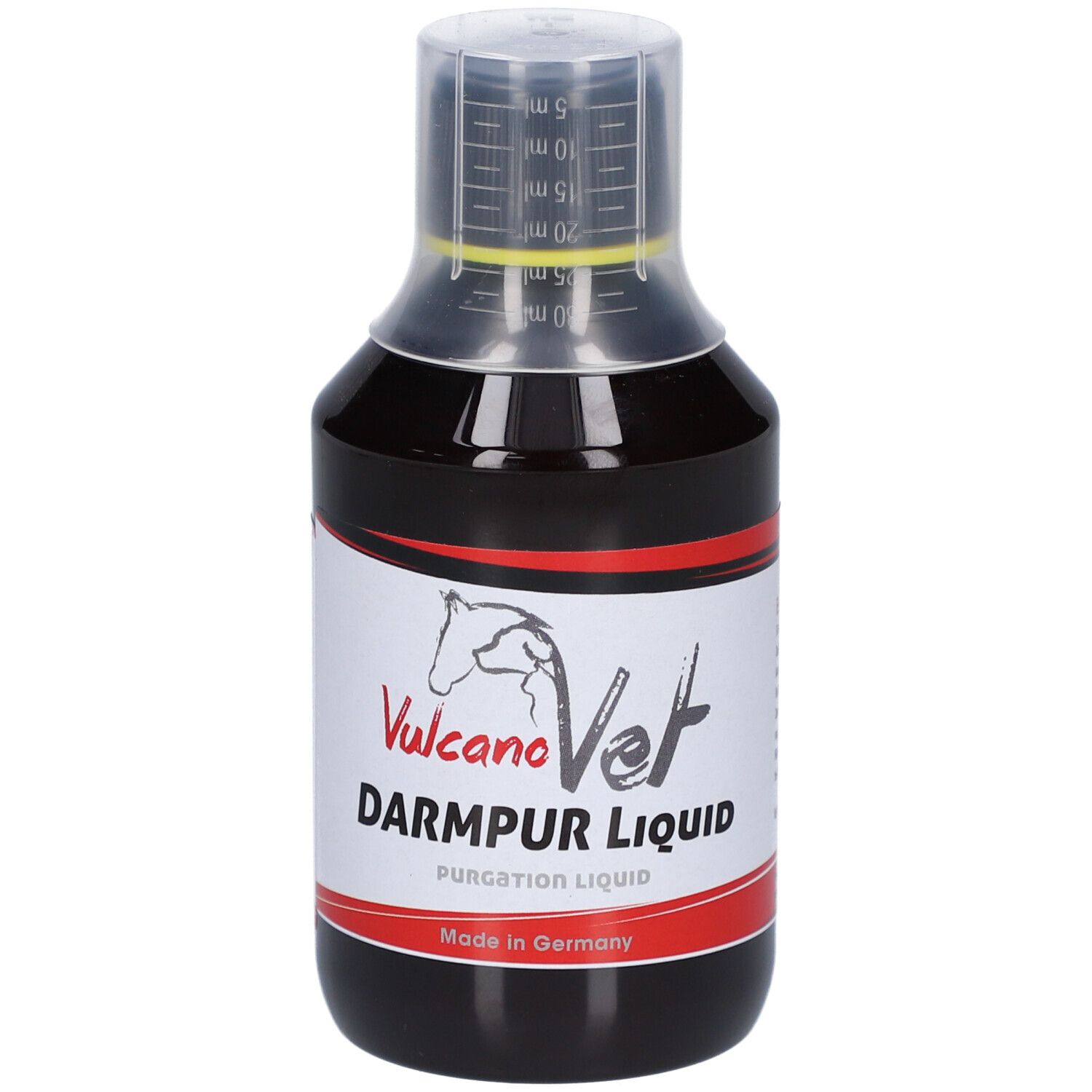 Braune Flüssigkeit in einer Flasche mit Messskala. Aufschrift: VulcanoVet DarmPur Liquid. Hergestellt in Deutschland.