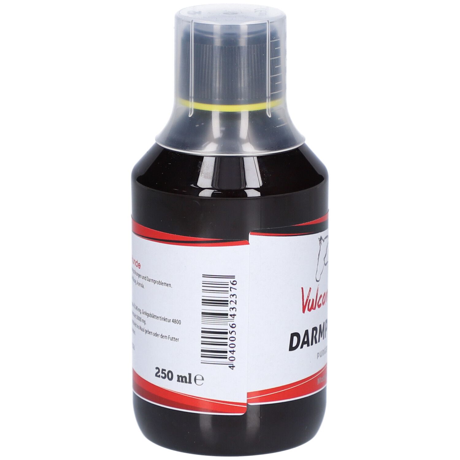 Braune Flüssigkeit in einer Flasche. Aufschrift: VulcanoVet DarmPur Liquid. Mit Barcode und Volumenangabe 250 ml.