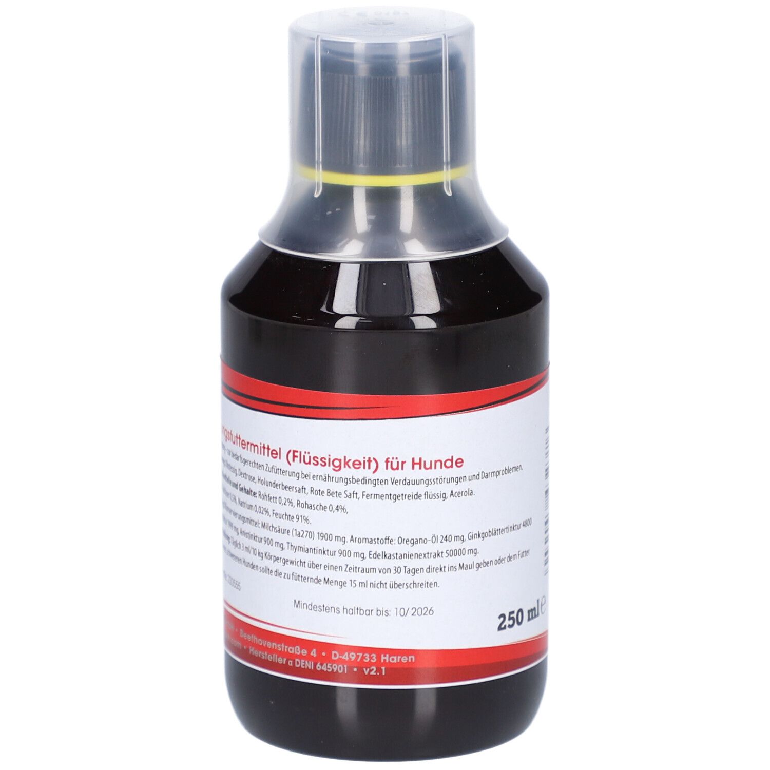 Braune Flüssigkeit in einer Flasche. Aufschrift: Ergänzungsfuttermittel für Hunde. Volumen 250 ml. Mit Inhaltsangaben.