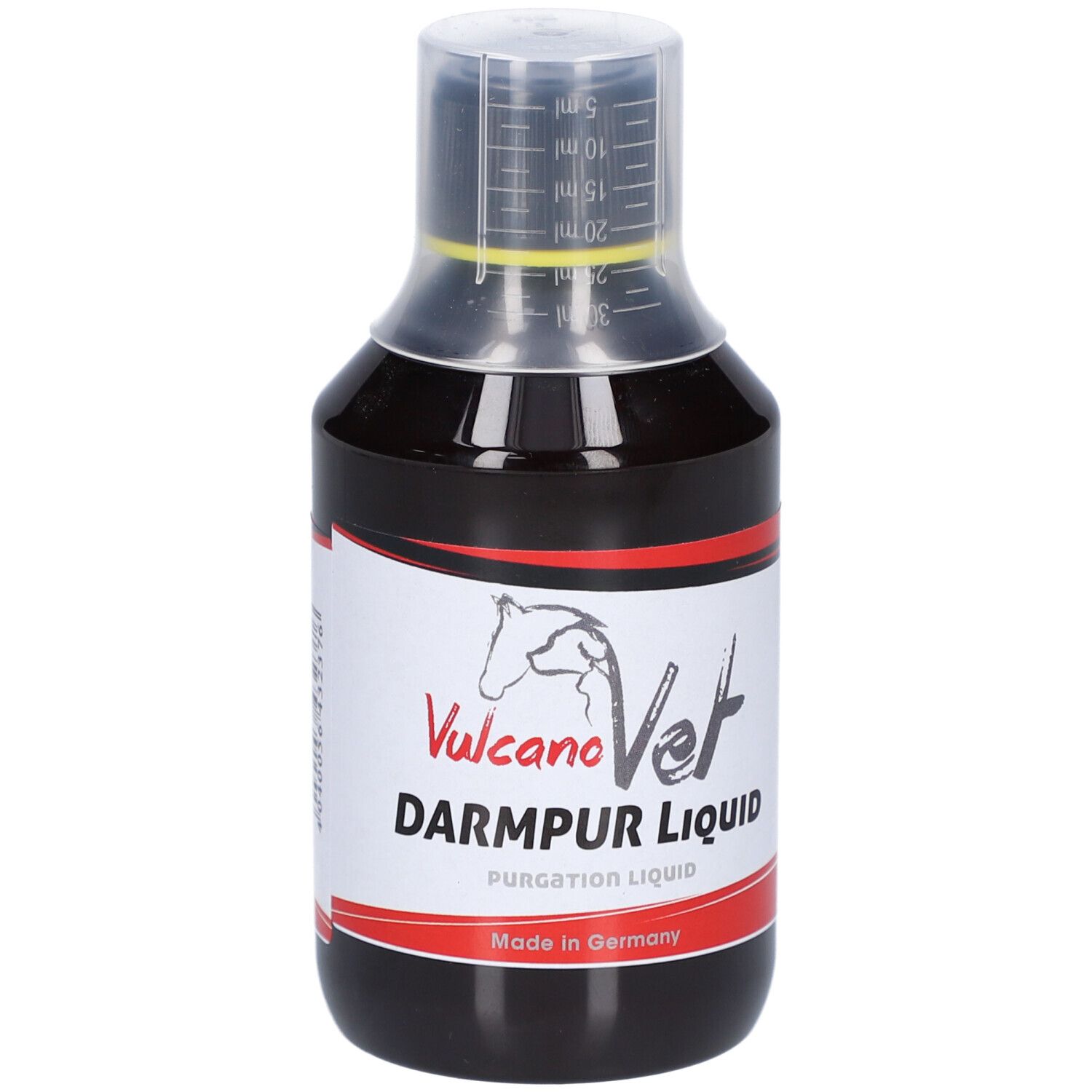 Braune Flüssigkeit in einer Flasche mit Messskala. Aufschrift: VulcanoVet DarmPur Liquid. Hergestellt in Deutschland.