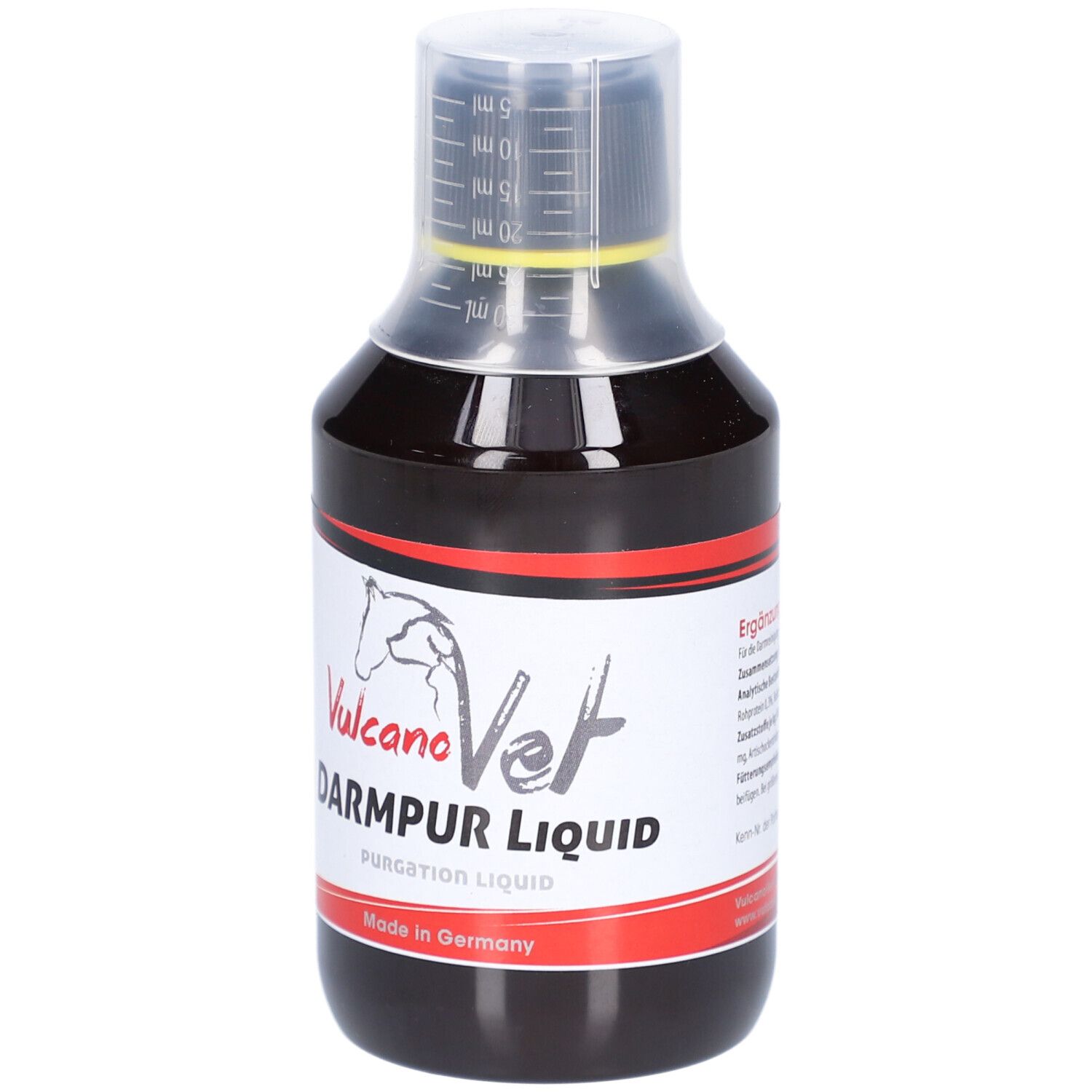 Braune Flüssigkeit in einer Flasche mit Messskala. Aufschrift: VulcanoVet DarmPur Liquid. Hergestellt in Deutschland.