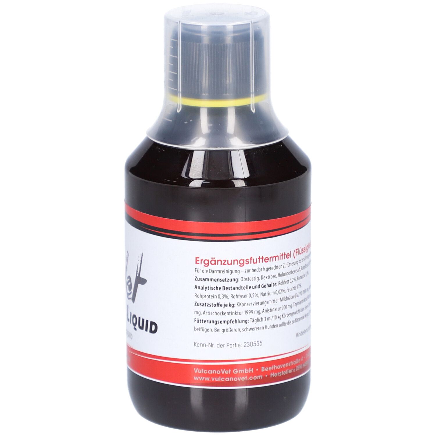 Braune Flüssigkeit in einer Flasche. Aufschrift: Ergänzungsfuttermittel. Mit Inhaltsangaben und Herstellerinformationen.