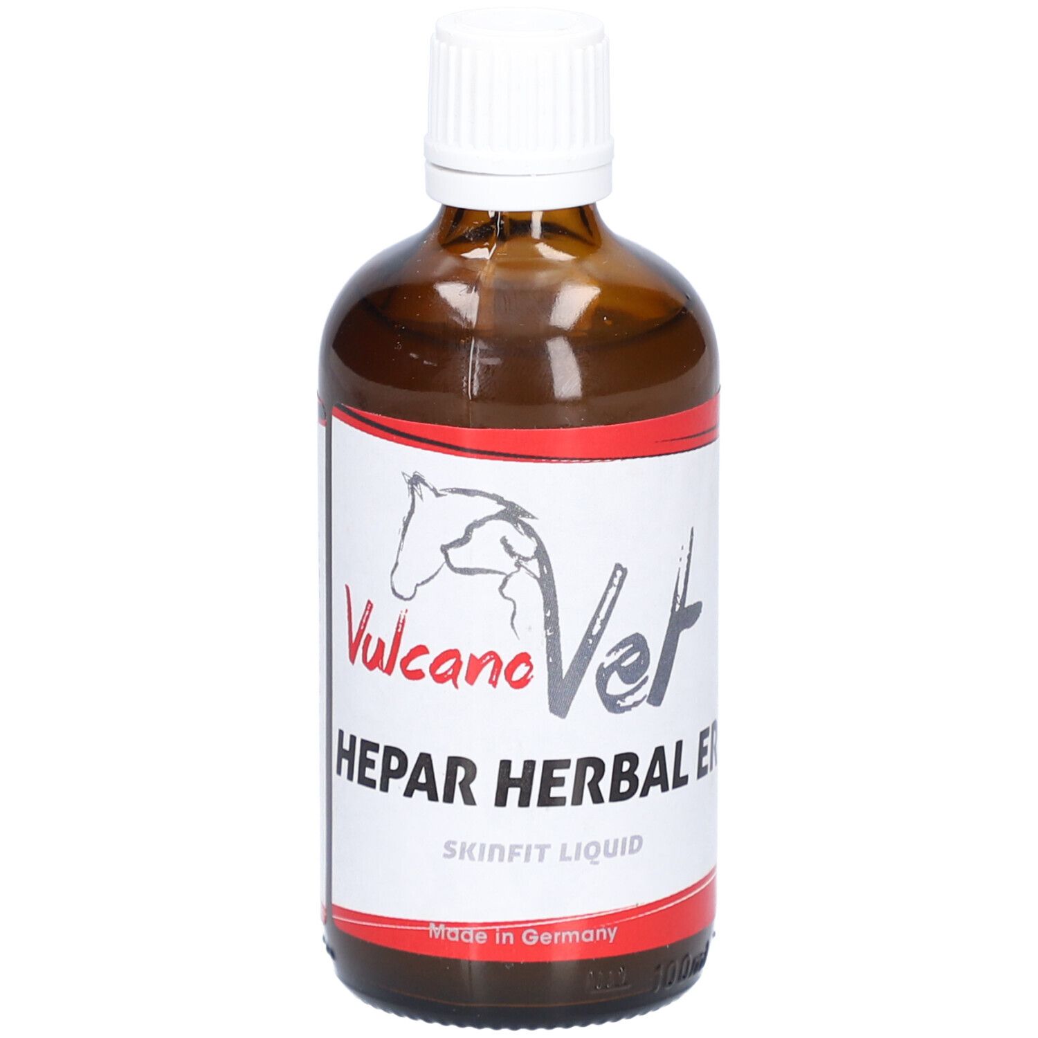 Braune Glasflasche mit weißem Deckel und Etikett. Etikett mit Logo und Schriftzug: Hepar Herbal ER. Made in Germany.