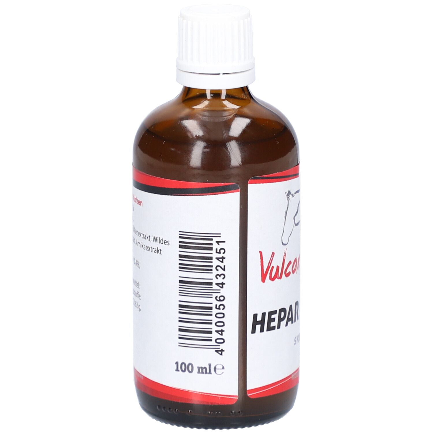 Braune Glasflasche mit weißem Deckel. Etikett mit Barcode und Schriftzug: 100 ml. Rückseite mit Inhaltsangaben.