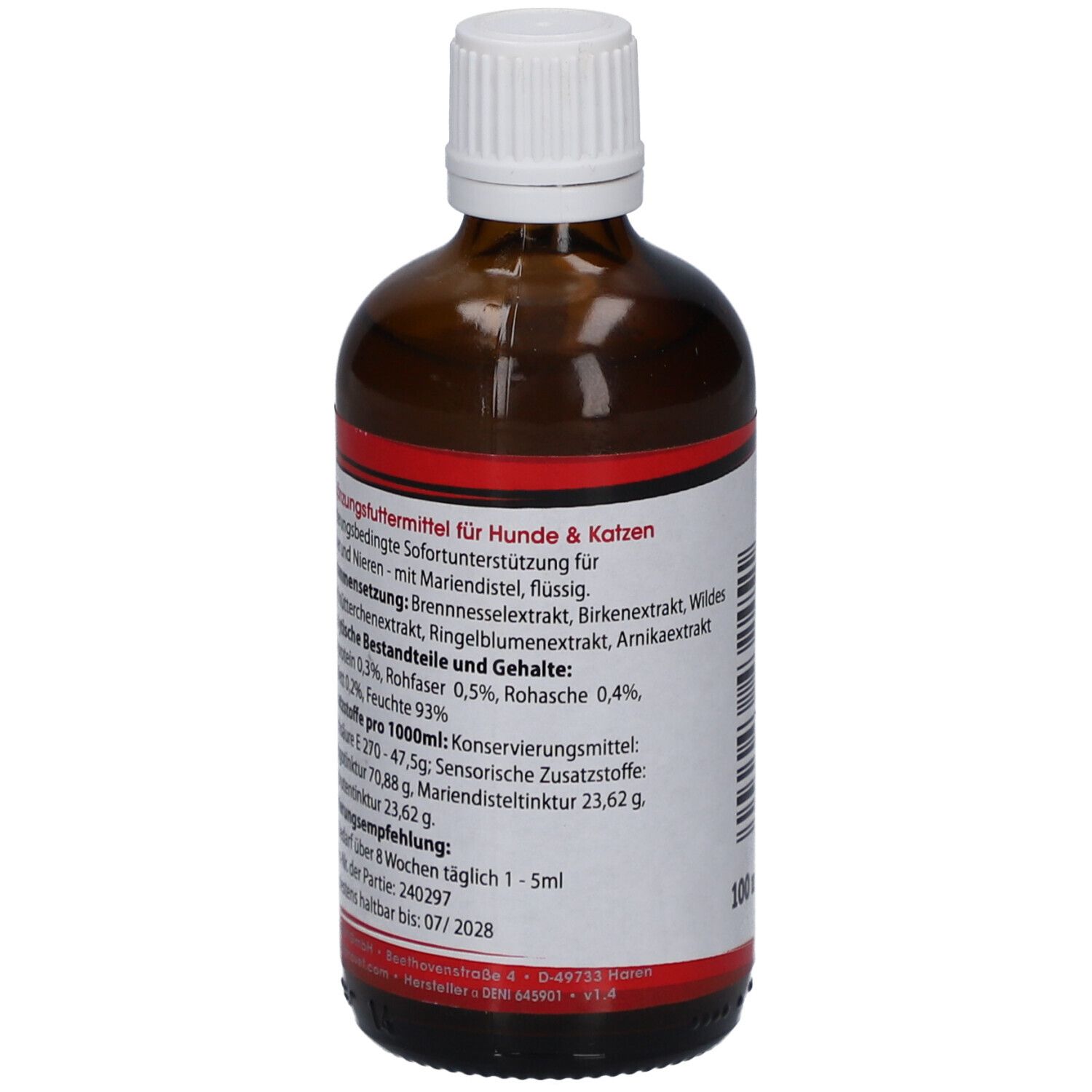 Braune Glasflasche mit weißem Deckel. Etikett mit Inhaltsangaben und Dosierungsempfehlung. Für Hunde & Katzen.
