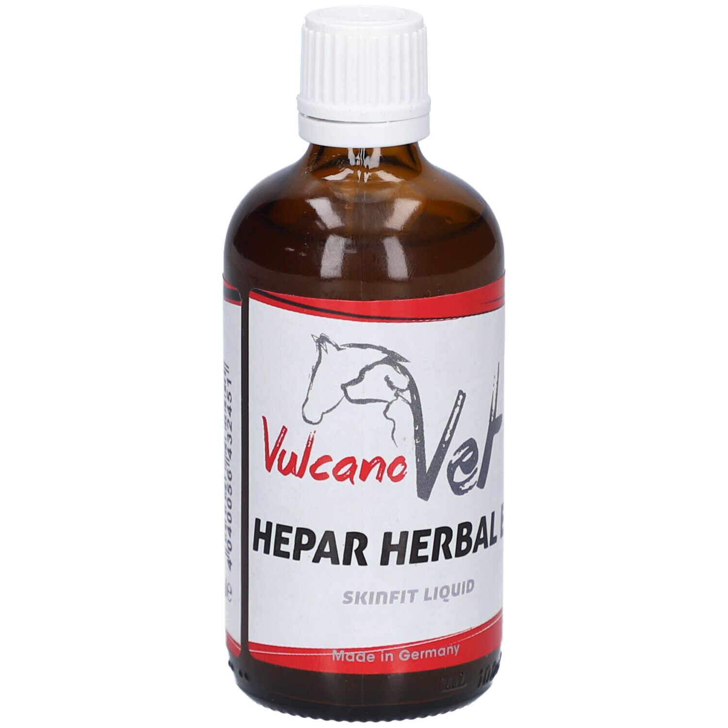 Braune Glasflasche mit weißem Deckel. Etikett mit Logo und Schriftzug: Hepar Herbal. Skinfit Liquid. Made in Germany.