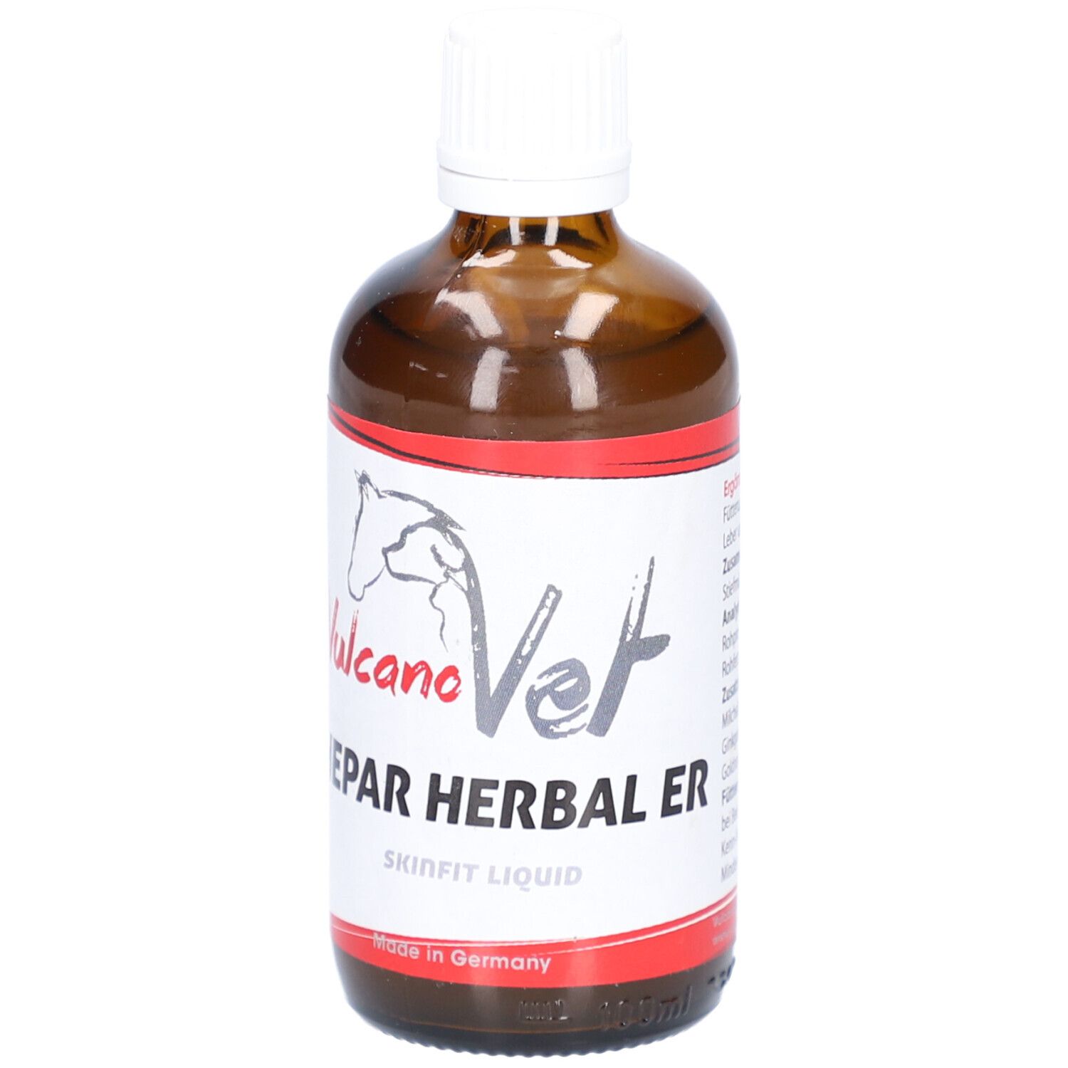 Braune Glasflasche mit weißem Deckel. Etikett mit Logo und Schriftzug: Hepar Herbal ER. Skinfit Liquid. 100 ml.