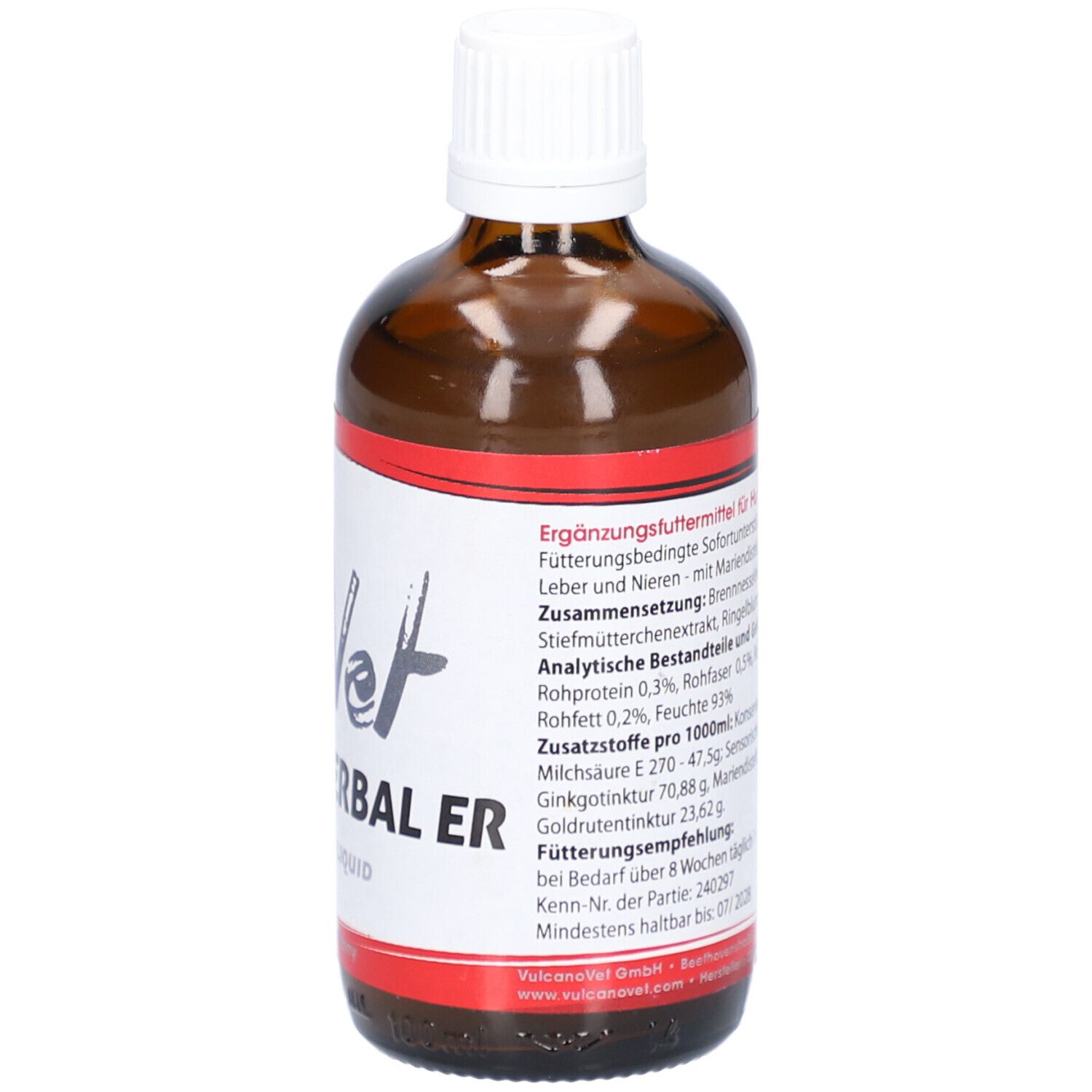 Braune Glasflasche mit weißem Deckel. Etikett mit Logo und Schriftzug: Hepar Herbal ER. Inhaltsstoffe und Dosierung.