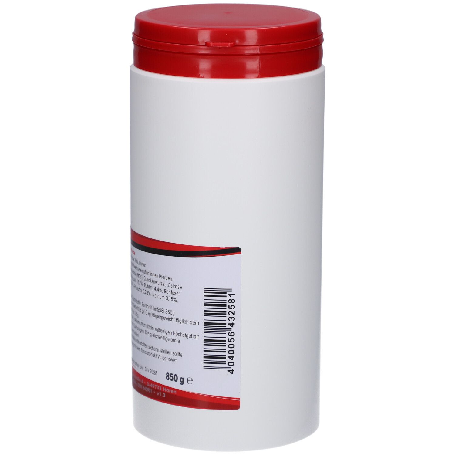 Weißer Zylinder mit rotem Deckel. Rückseite mit Etikett, Barcode und Text.