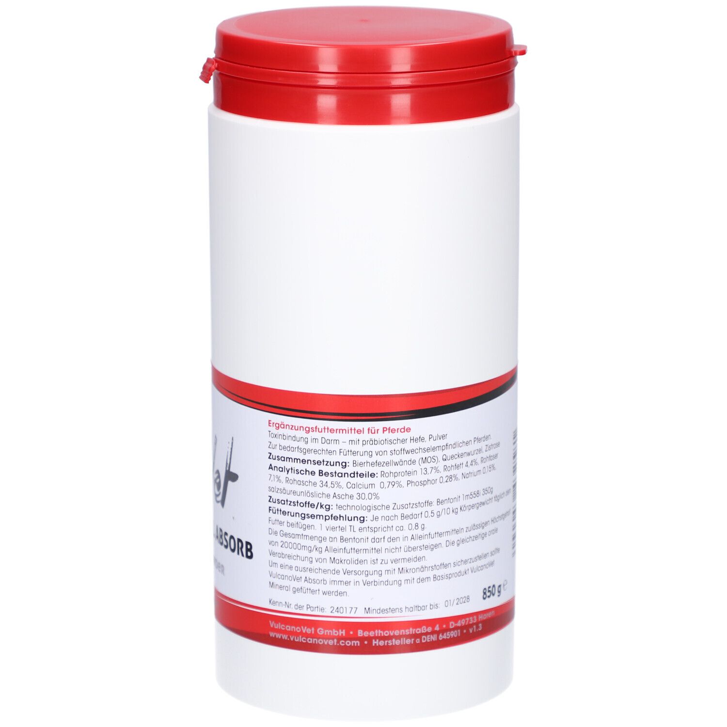 Weißer Zylinder mit rotem Deckel. Etikett mit Logo, Produktname, Text und 850g.