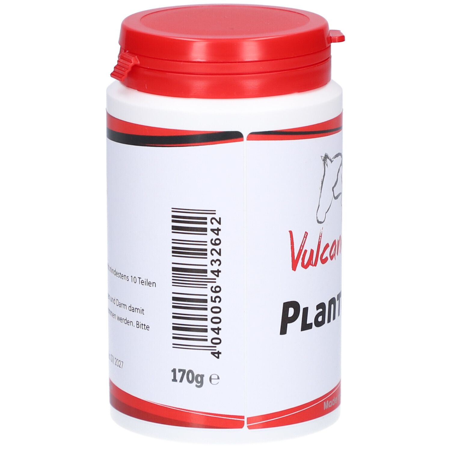 Weiße Dose mit rotem Deckel. Barcode und Text. Aufschrift: Vulcano Vet Planto-Pur. 170g e.