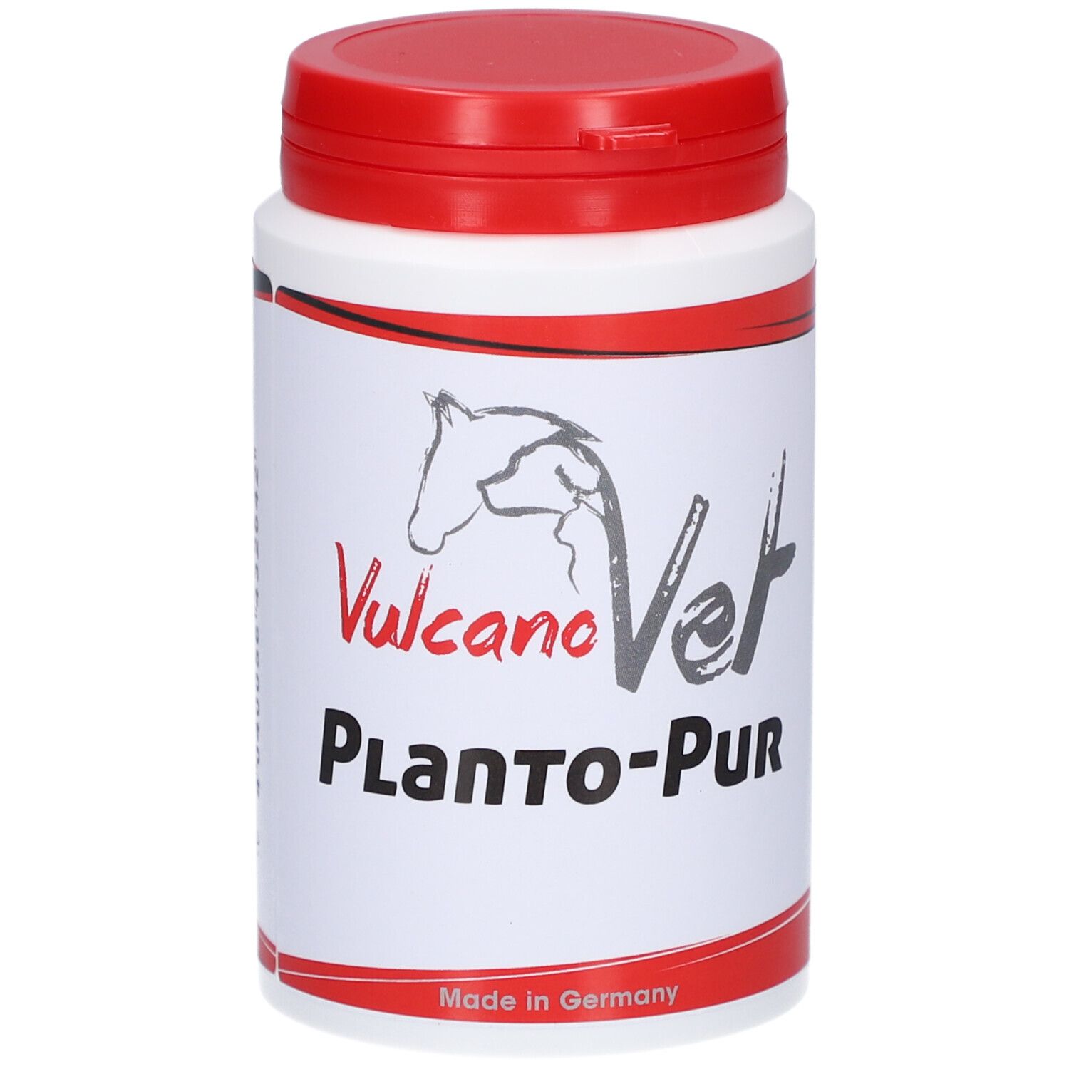Weiße Dose mit rotem Deckel. Aufschrift: Vulcano Vet Planto-Pur. Logo: Pferdekopf. Made in Germany.