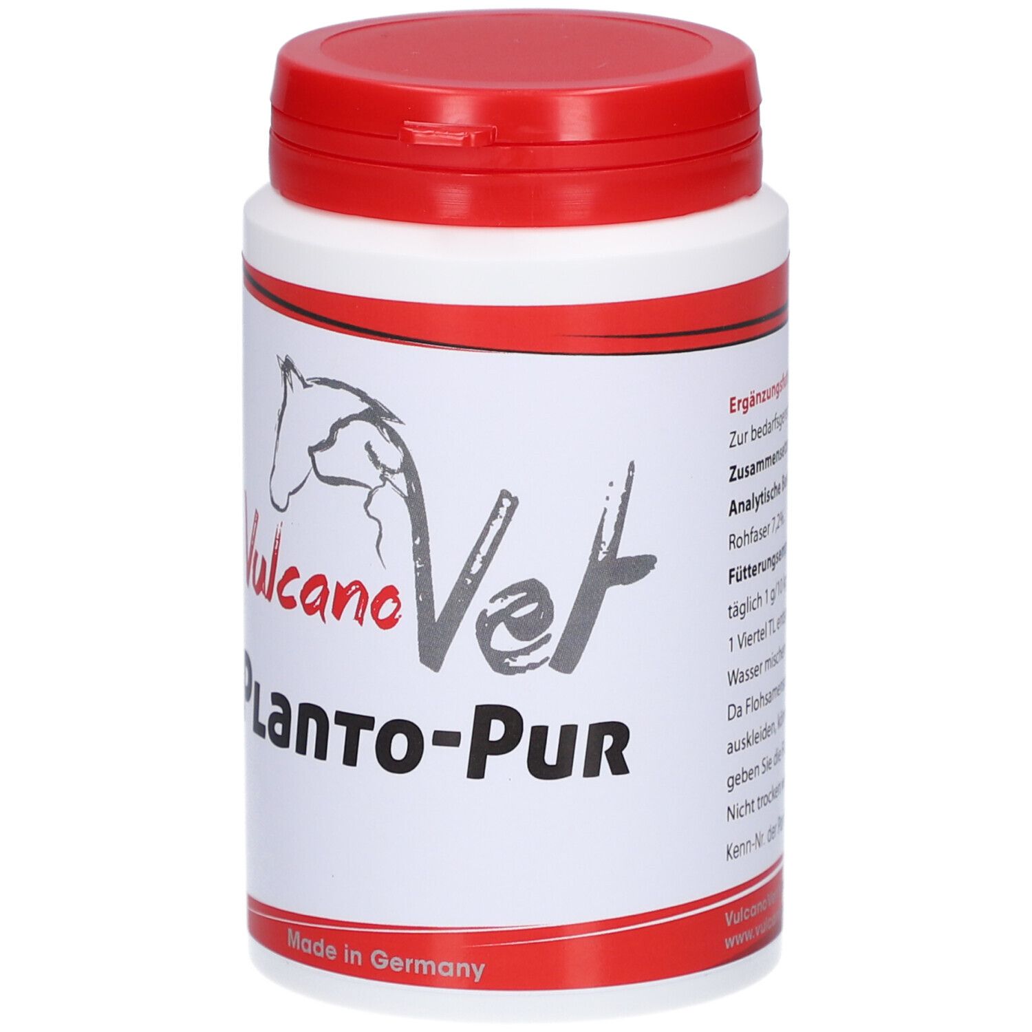Weiße Dose mit rotem Deckel. Aufschrift: Vulcano Vet Planto-Pur. Logo: Pferdekopf. Made in Germany.