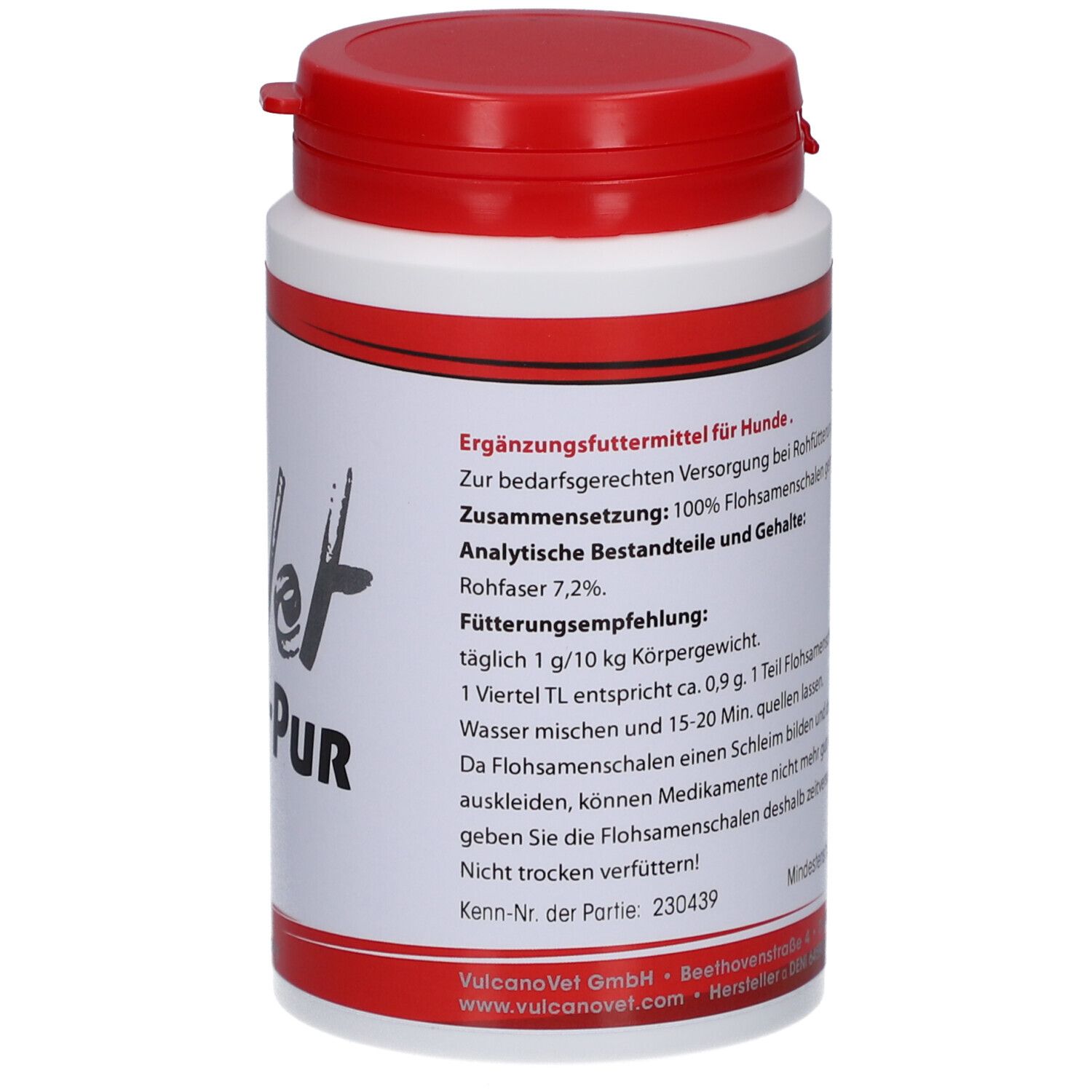 Weiße Dose mit rotem Deckel. Text auf der Dose. Aufschrift: Vulcano Vet Planto-Pur. Ergänzungsfuttermittel für Hunde.