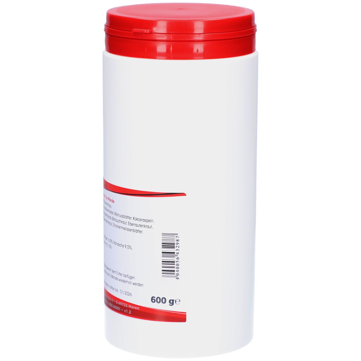Weiße Dose mit rotem Deckel. Aufkleber mit Produktinformationen und 600 g. Barcode.