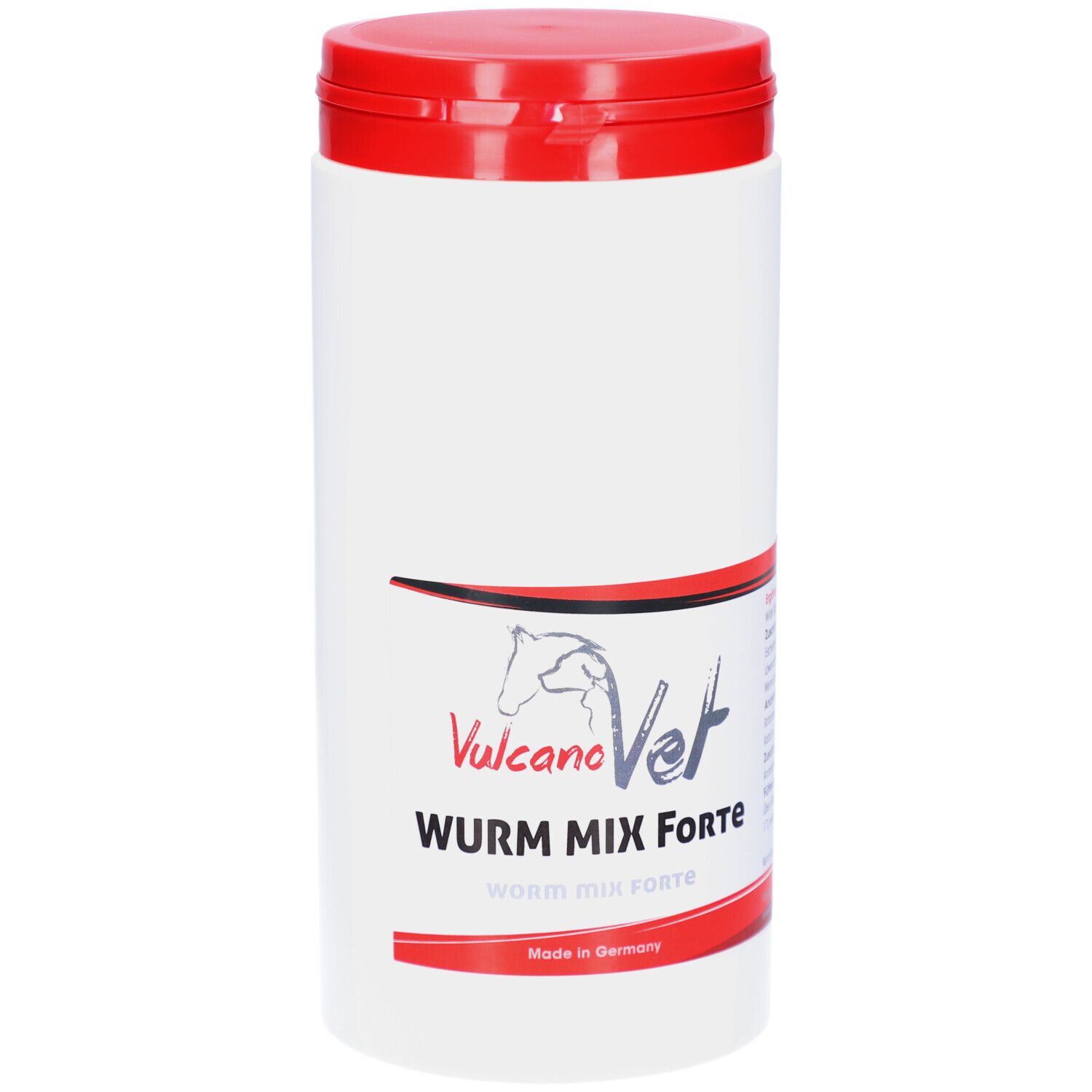 Weiße Dose mit rotem Deckel. Aufkleber mit Logo und Produktname: WurmMix Forte.